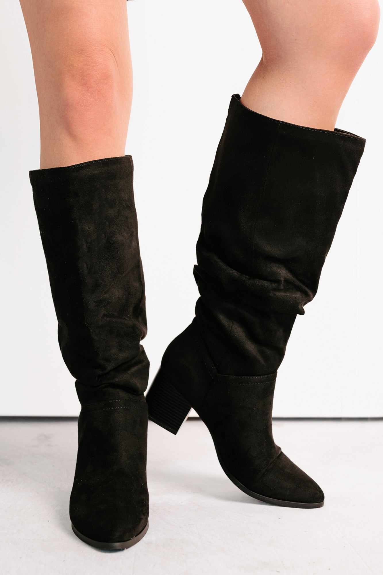 Bare & Bold Chunky Heel Faux Suede Boots (Black)-The Formal Wear