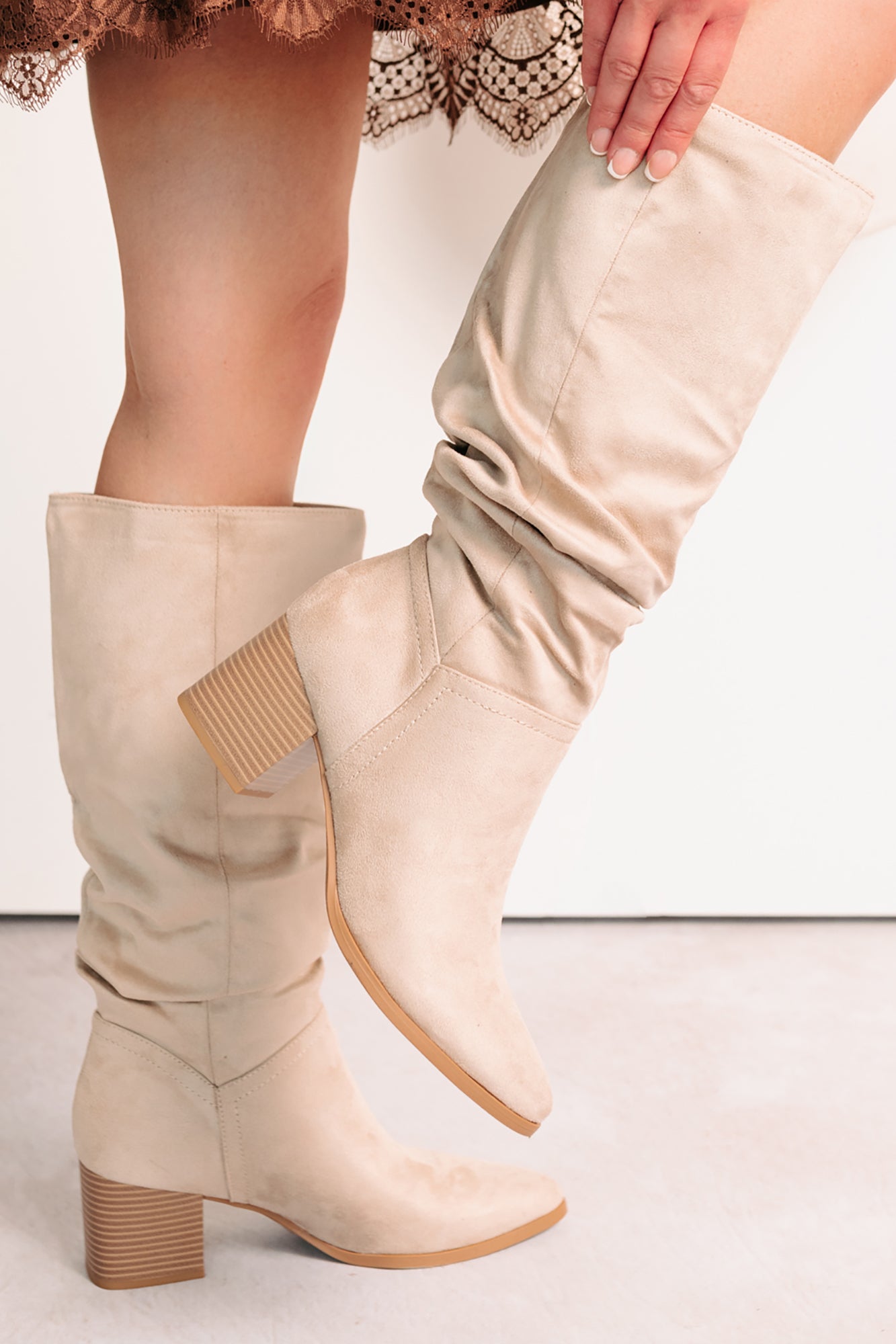 Bare & Bold Chunky Heel Faux Suede Boots (Clay)-The Formal Wear