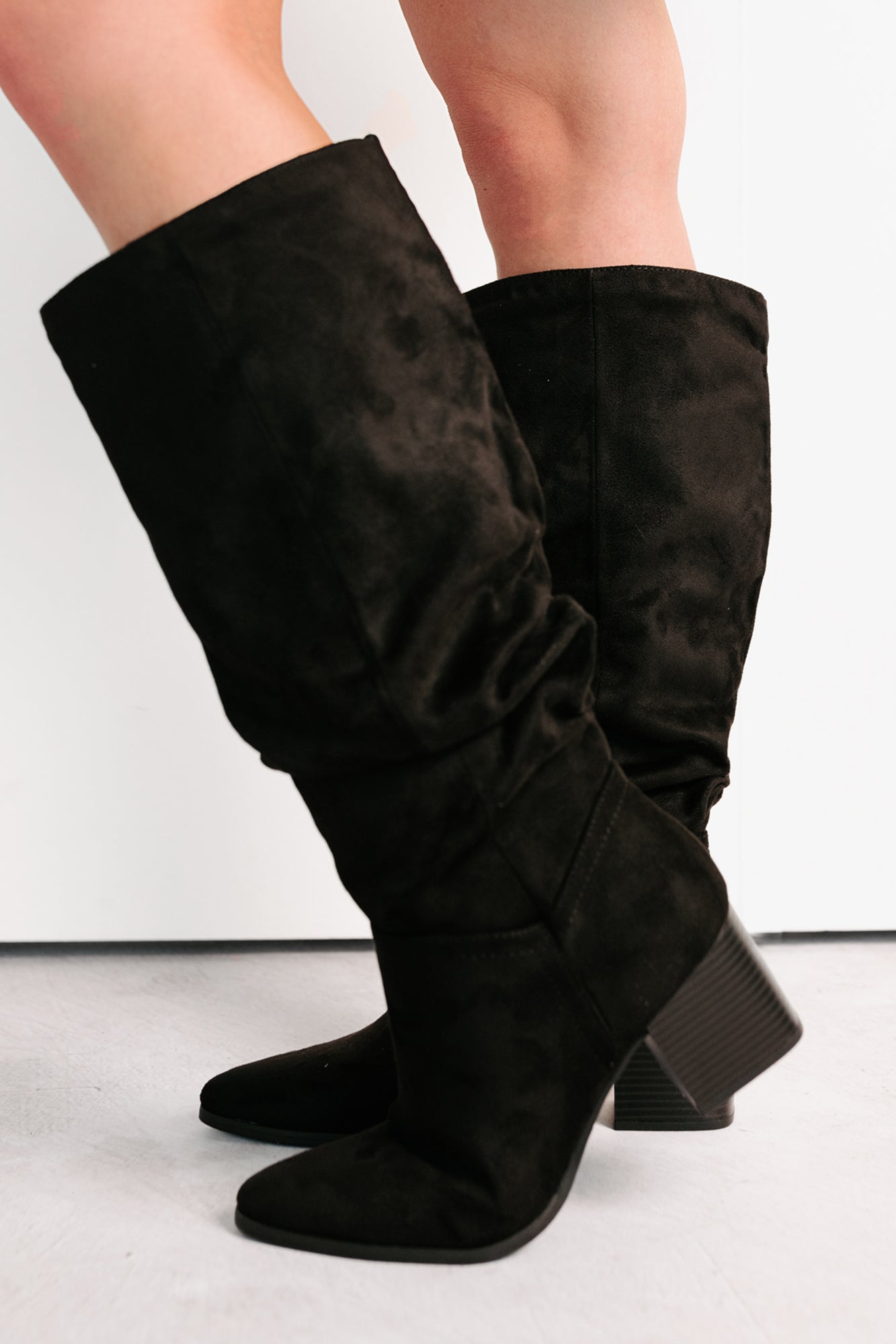 Bare & Bold Chunky Heel Faux Suede Boots (Black)-The Formal Wear