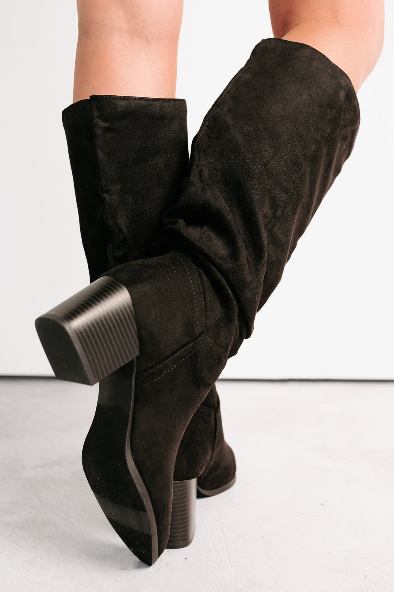 Bare & Bold Chunky Heel Faux Suede Boots (Black)-The Formal Wear