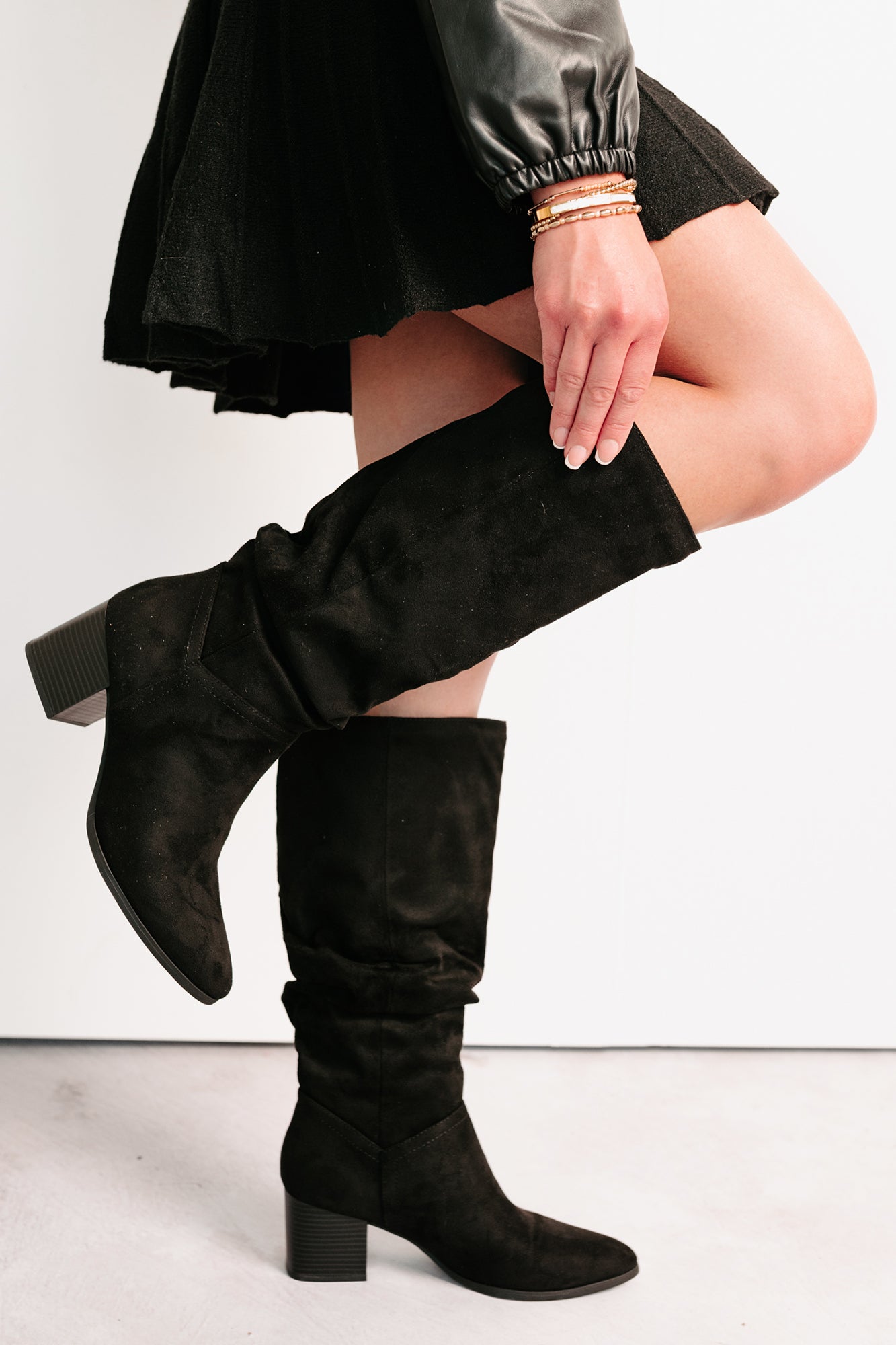 Bare & Bold Chunky Heel Faux Suede Boots (Black)-The Formal Wear