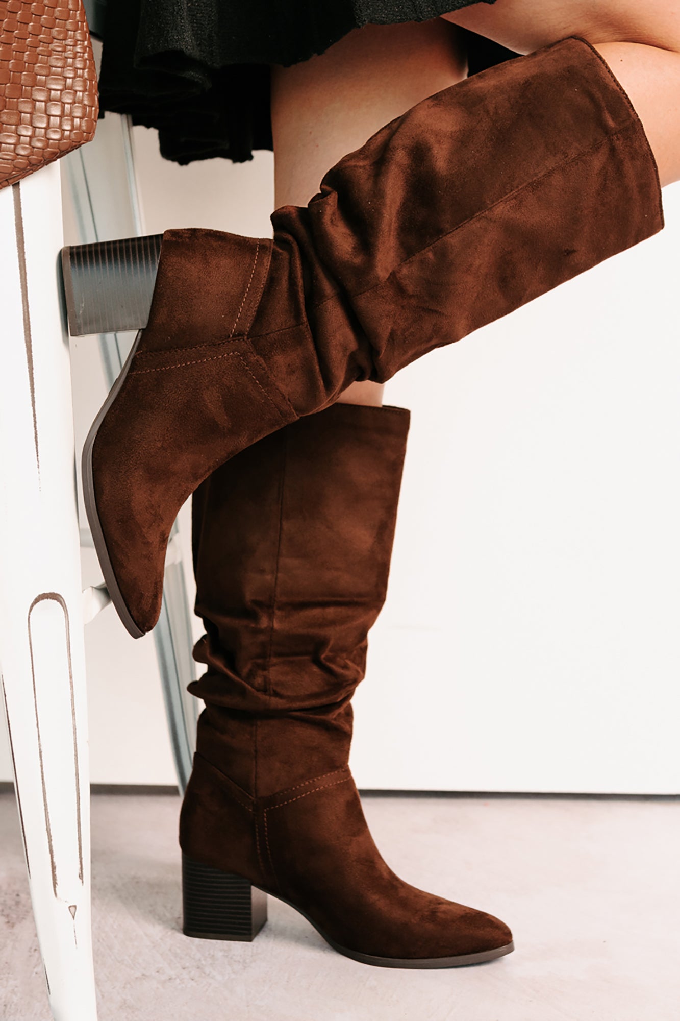 Bare & Bold Chunky Heel Faux Suede Boots (Tobacco)-The Formal Wear