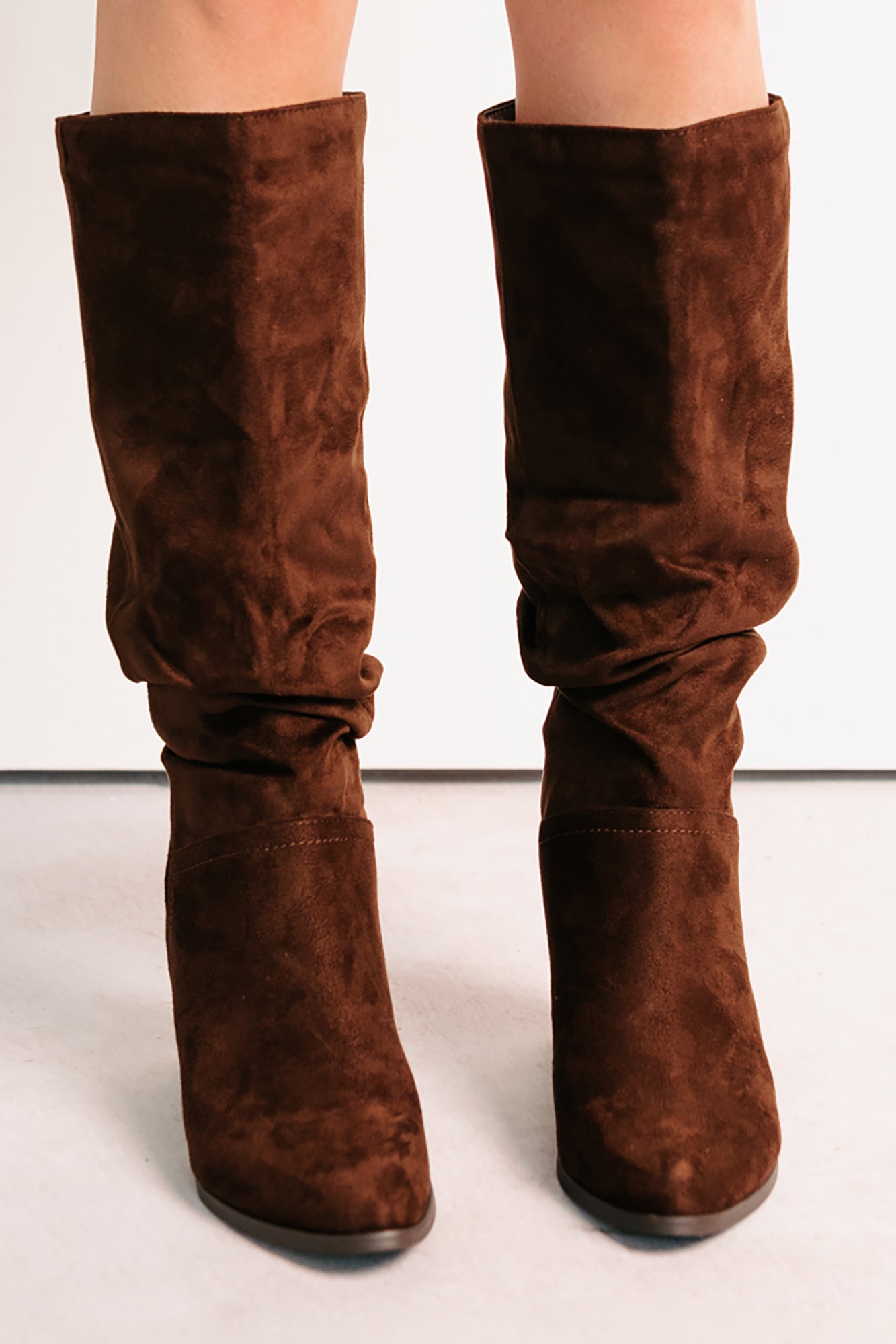 Bare & Bold Chunky Heel Faux Suede Boots (Tobacco)-The Formal Wear