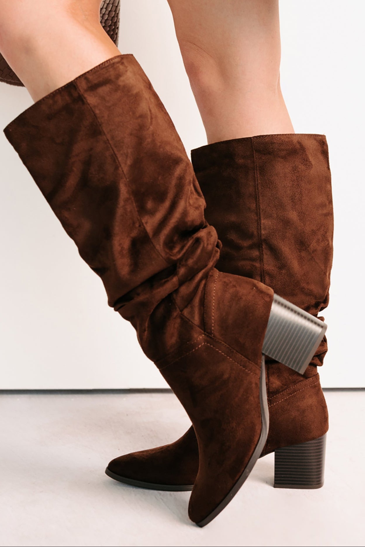 Bare & Bold Chunky Heel Faux Suede Boots (Tobacco)-The Formal Wear