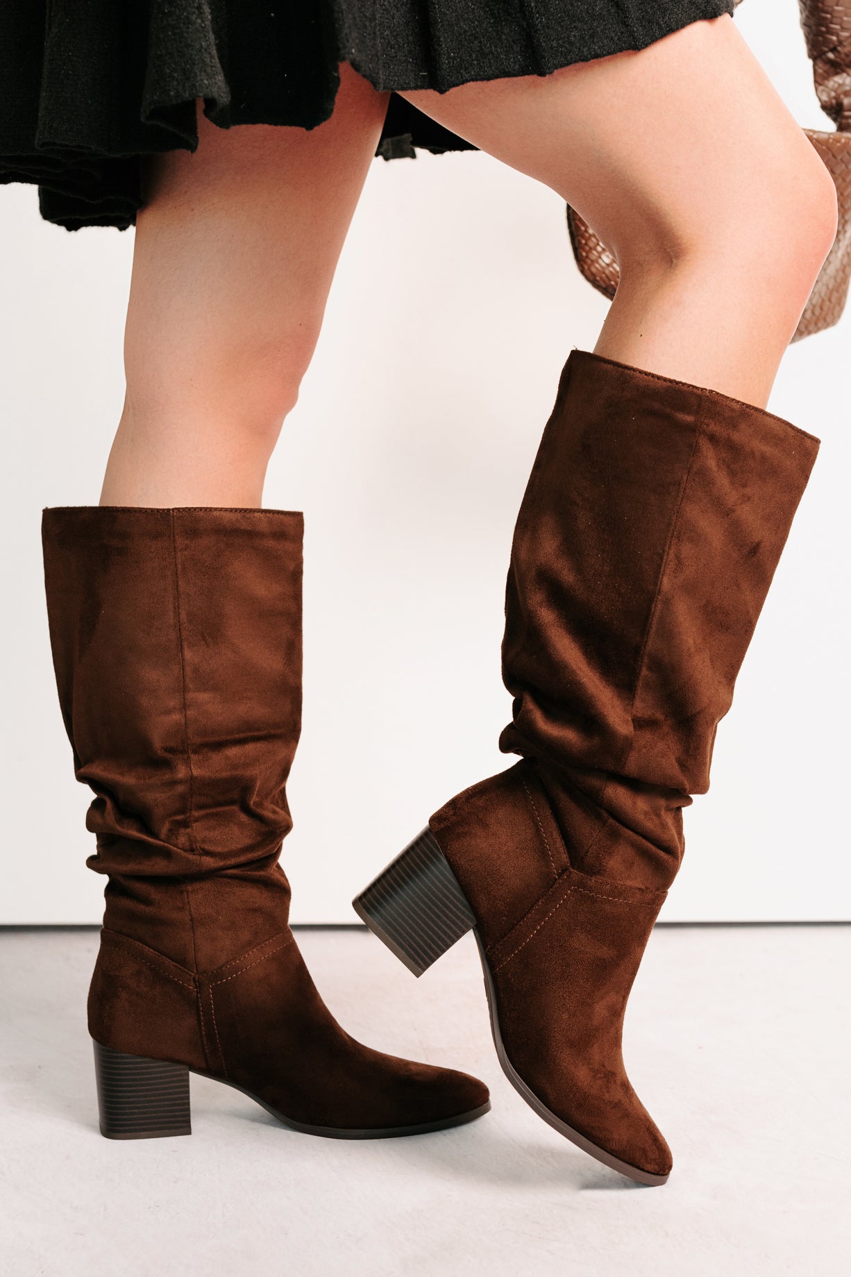 Bare & Bold Chunky Heel Faux Suede Boots (Tobacco)-The Formal Wear