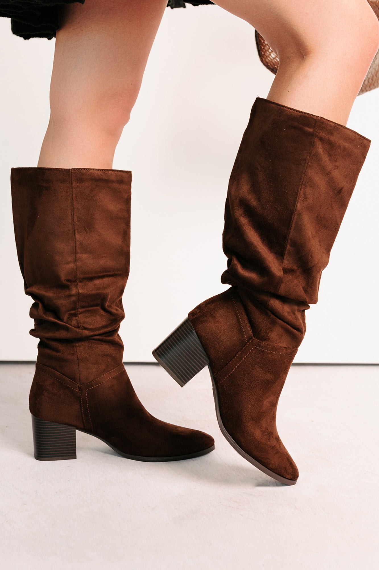 Bare & Bold Chunky Heel Faux Suede Boots (Tobacco)-The Formal Wear