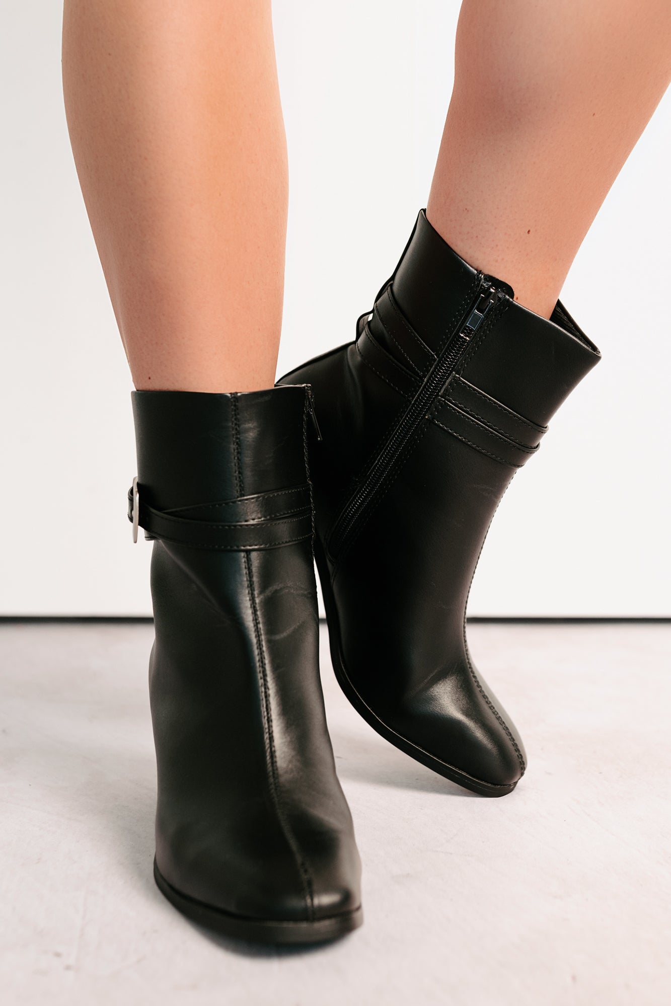 Step In Style Faux Leather Buckle Detail Booties (Black)-The Formal Wear