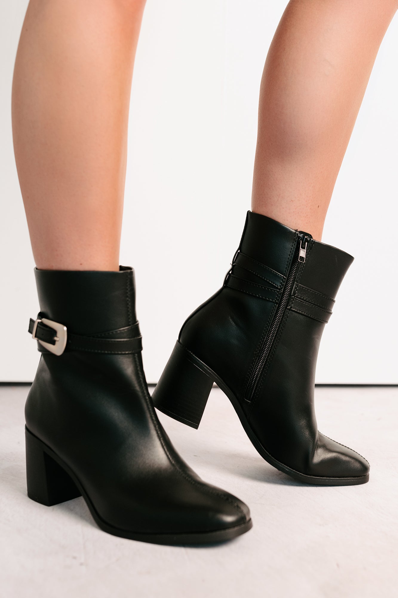 Step In Style Faux Leather Buckle Detail Booties (Black)-The Formal Wear