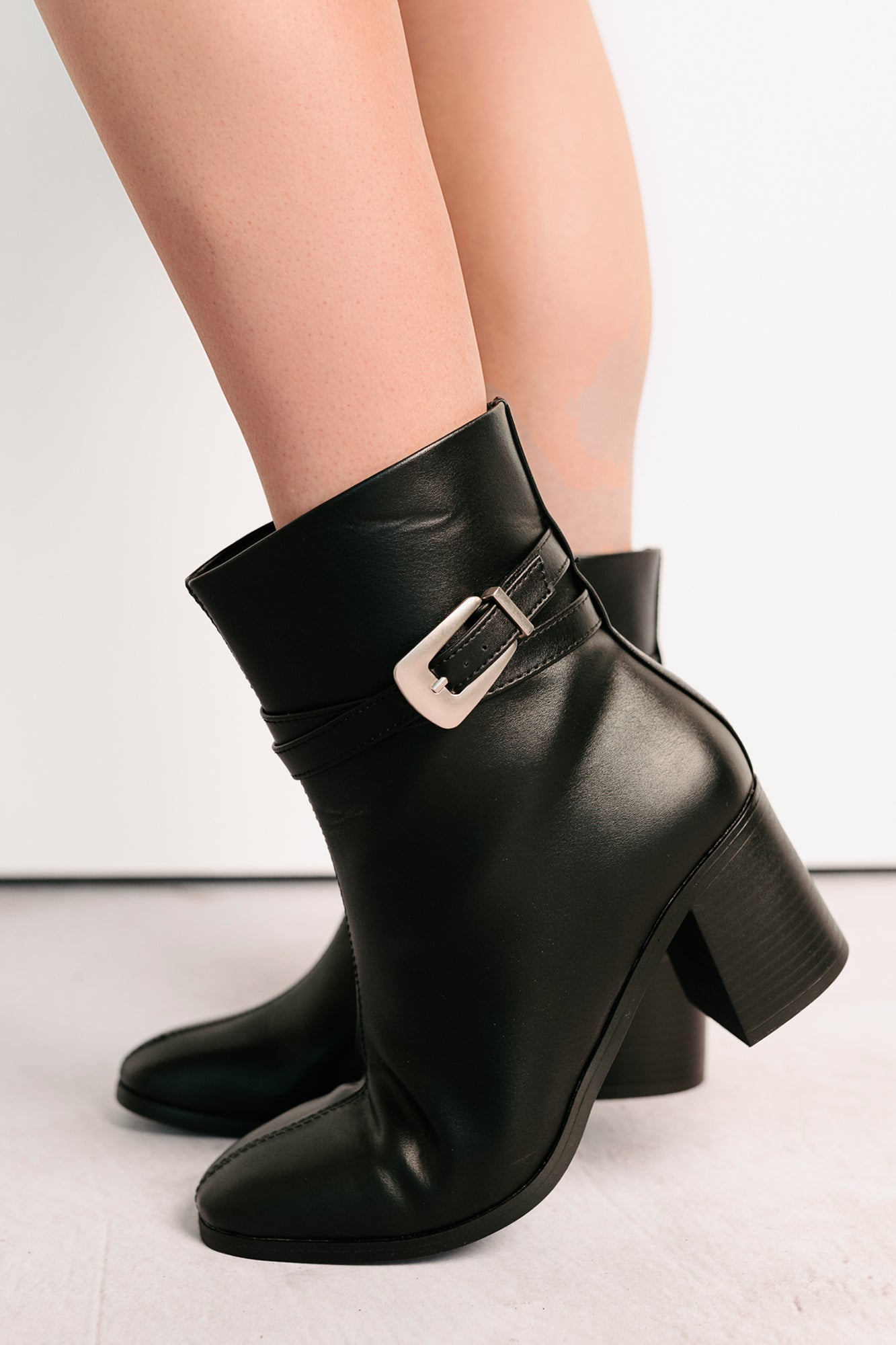 Step In Style Faux Leather Buckle Detail Booties (Black)-The Formal Wear