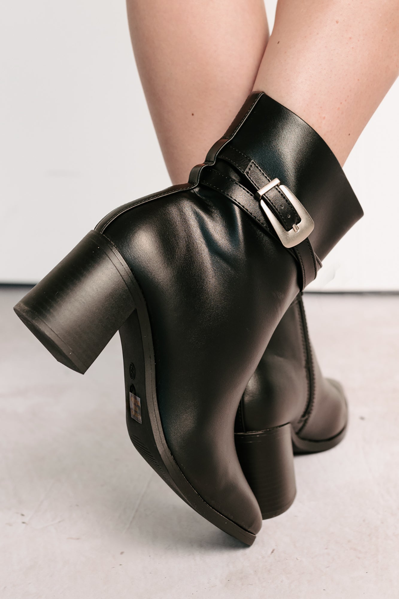 Step In Style Faux Leather Buckle Detail Booties (Black)-The Formal Wear