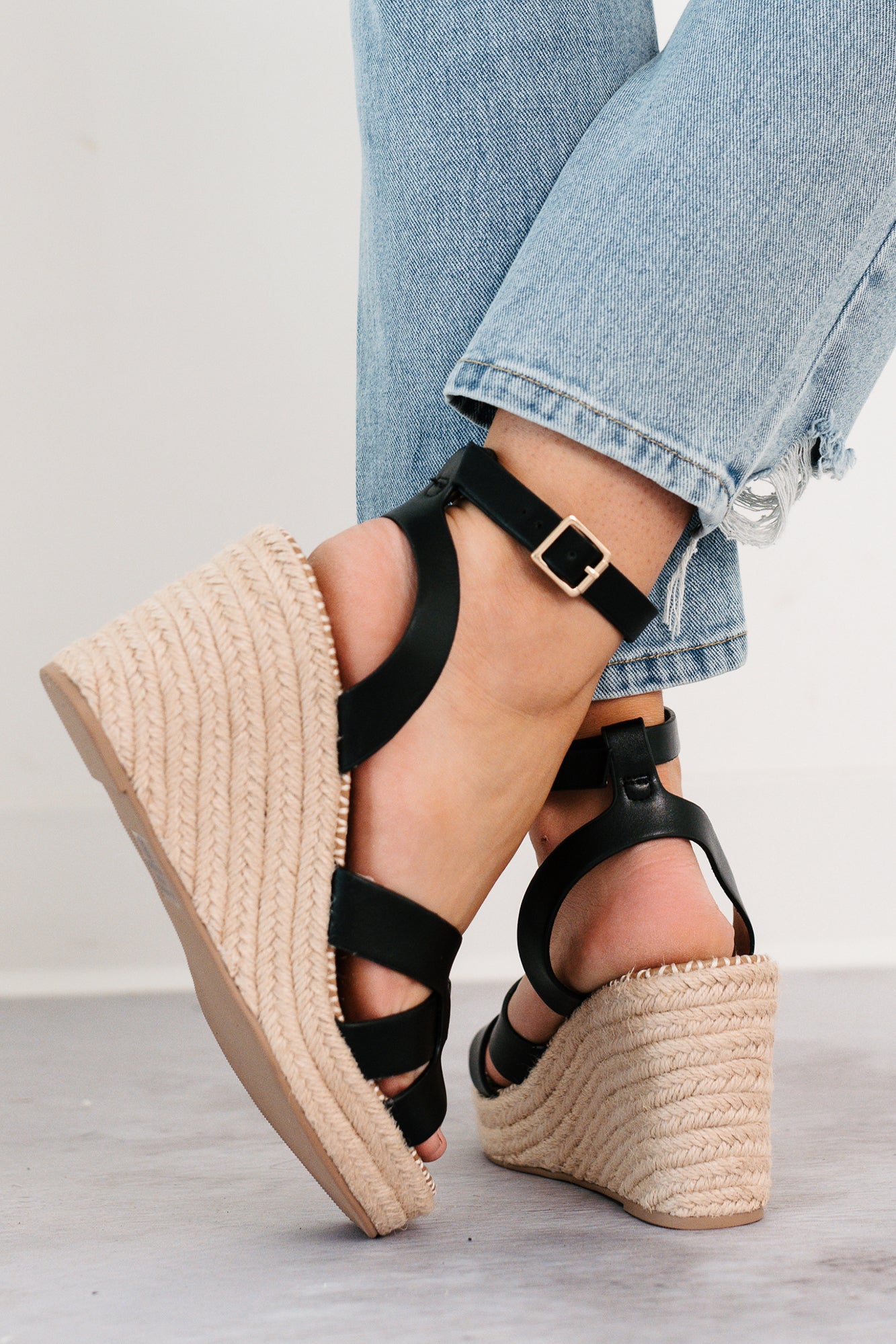 Scarlett Ankle Strap Espadrille Wedge Sandal (Black)-The Formal Wear