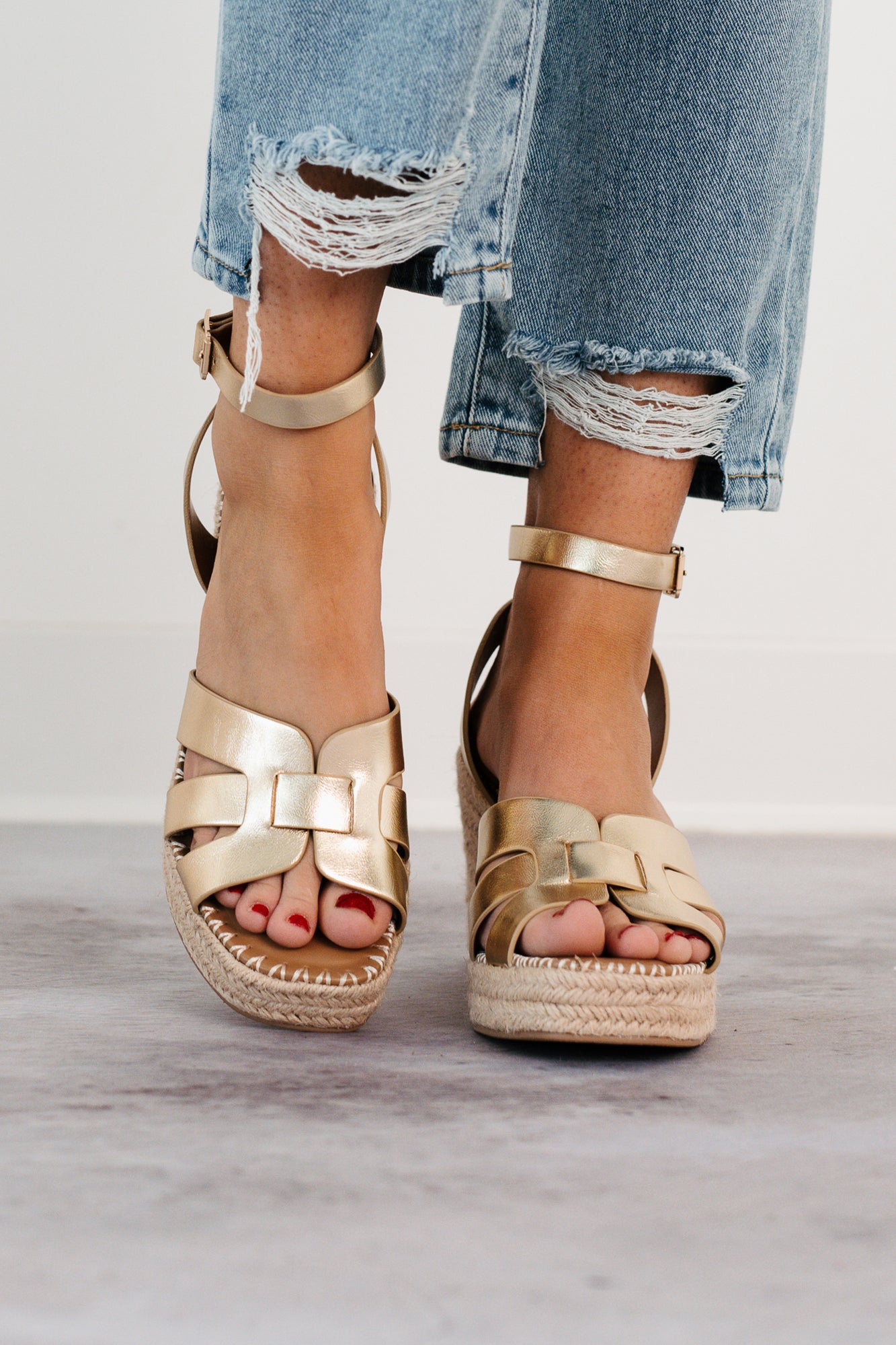 Scarlett Ankle Strap Espadrille Wedge Sandal (Gold)-The Formal Wear