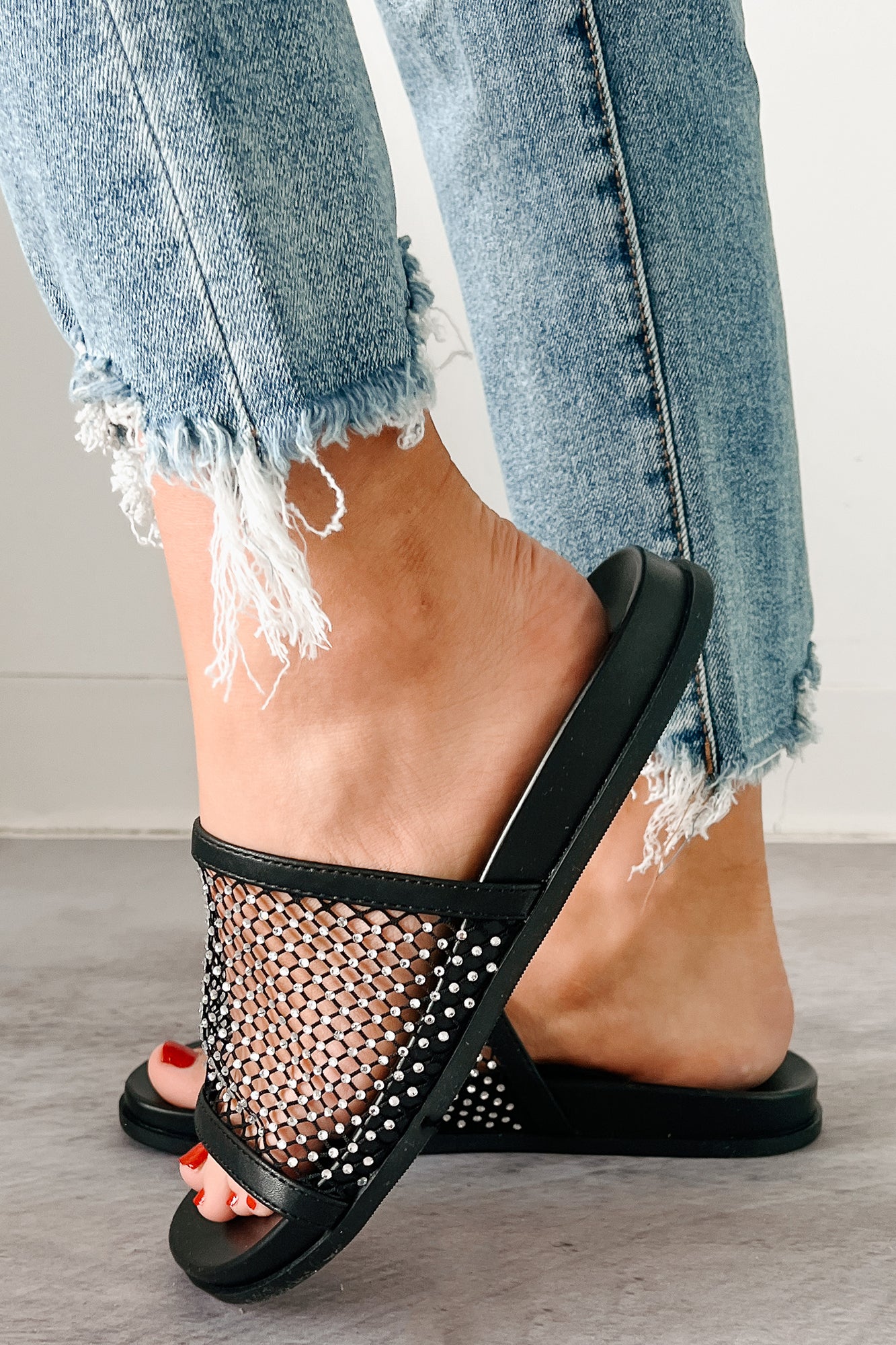 Shine On You Rhinestone Mesh Slide Sandals (Black)-The Formal Wear