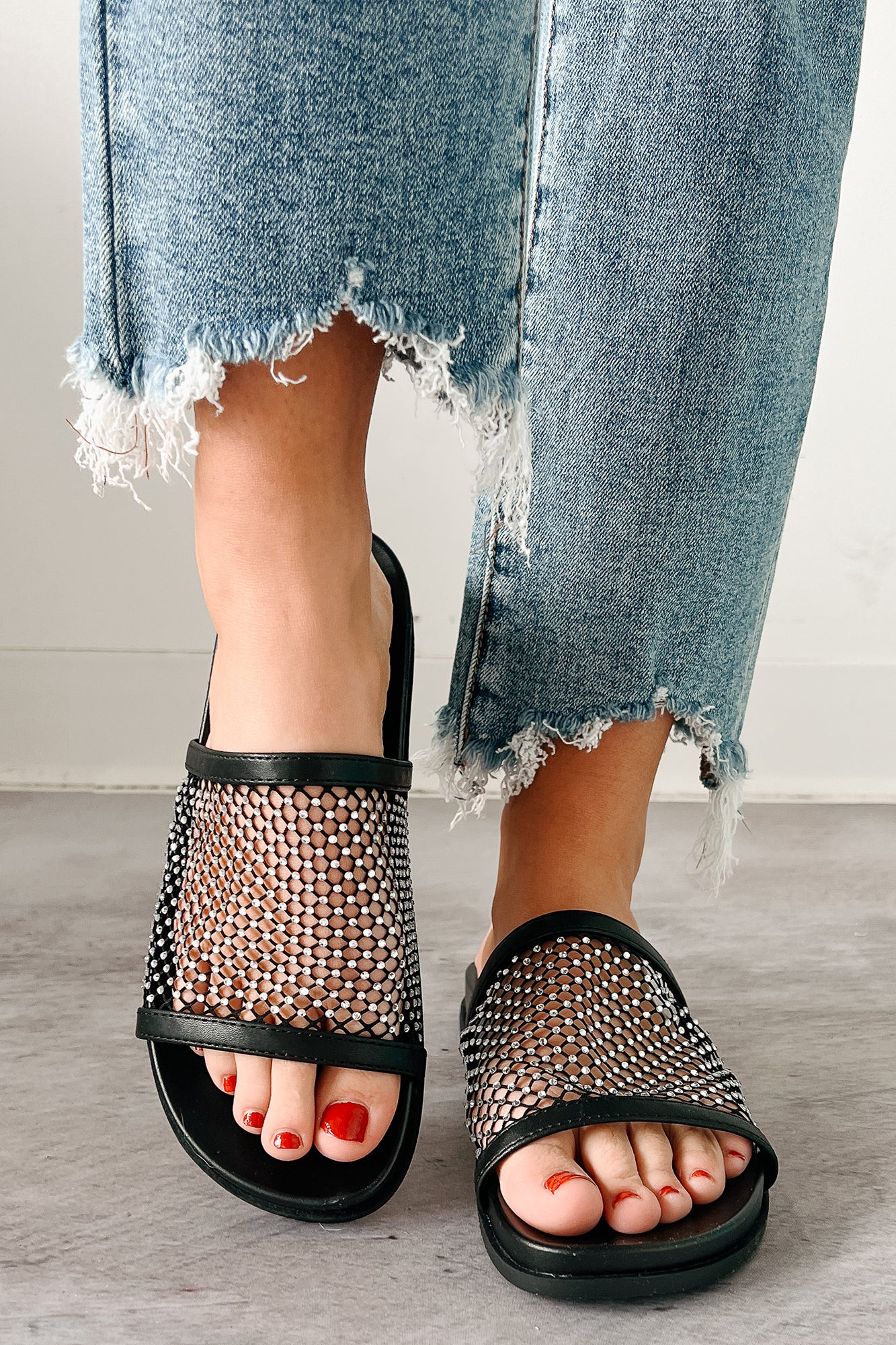 Shine On You Rhinestone Mesh Slide Sandals (Black)-The Formal Wear