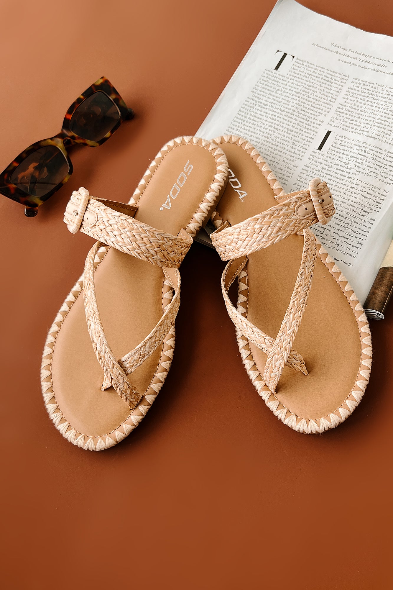 Moonlit Strolls Stitched Edge Toe Strap Sandals (Natural)-The Formal Wear