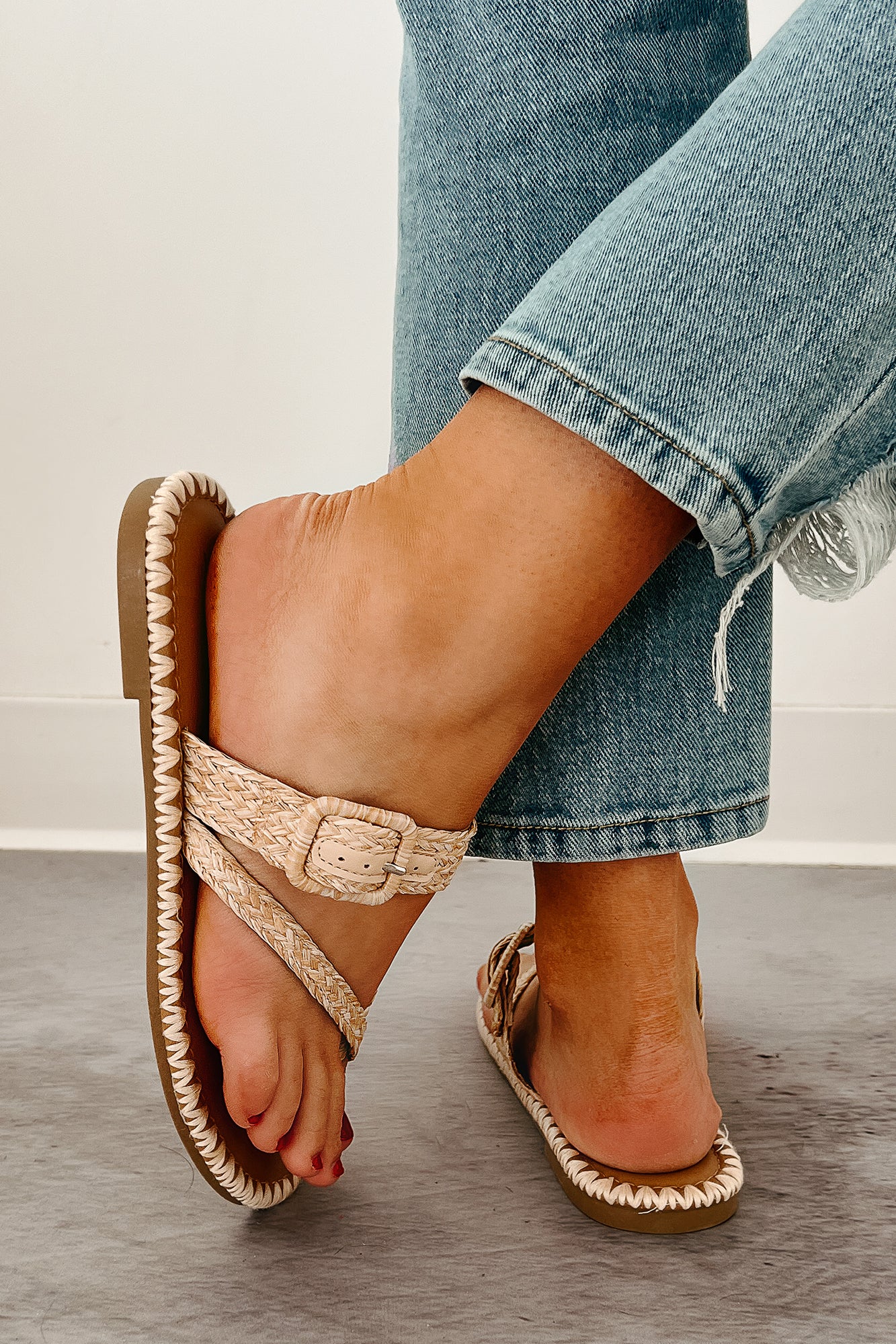 Moonlit Strolls Stitched Edge Toe Strap Sandals (Natural)-The Formal Wear