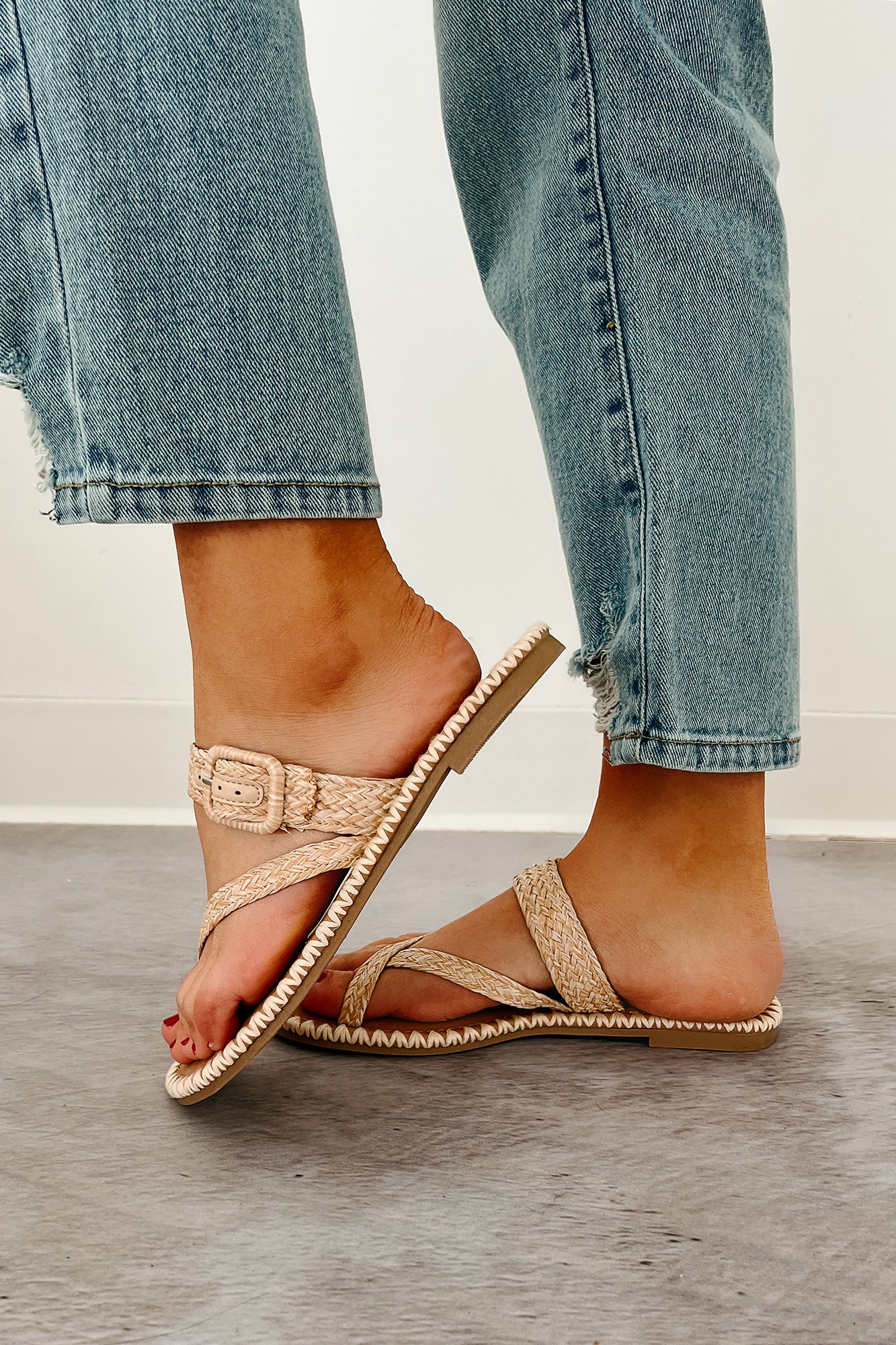 Moonlit Strolls Stitched Edge Toe Strap Sandals (Natural)-The Formal Wear