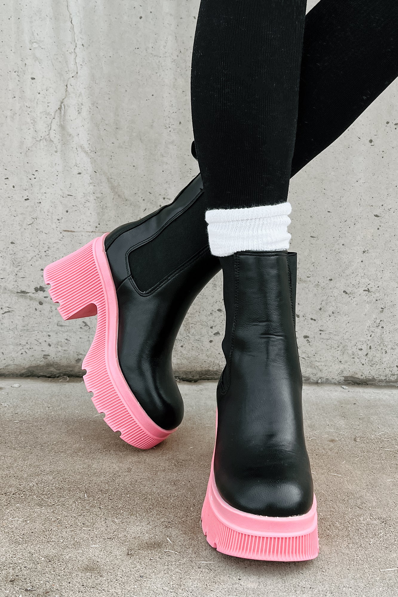 Can't Miss Me Lug Sole Chelsea Platform Boots (Black/Pink)-The Formal Wear