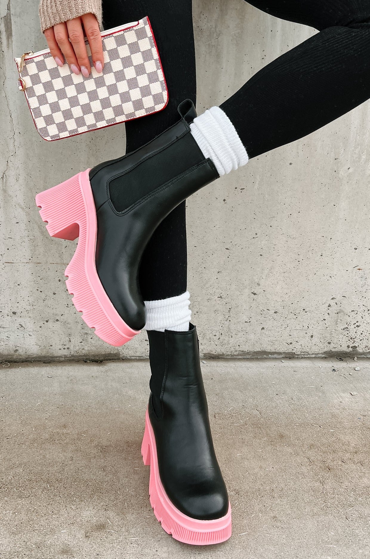 Can't Miss Me Lug Sole Chelsea Platform Boots (Black/Pink)-The Formal Wear