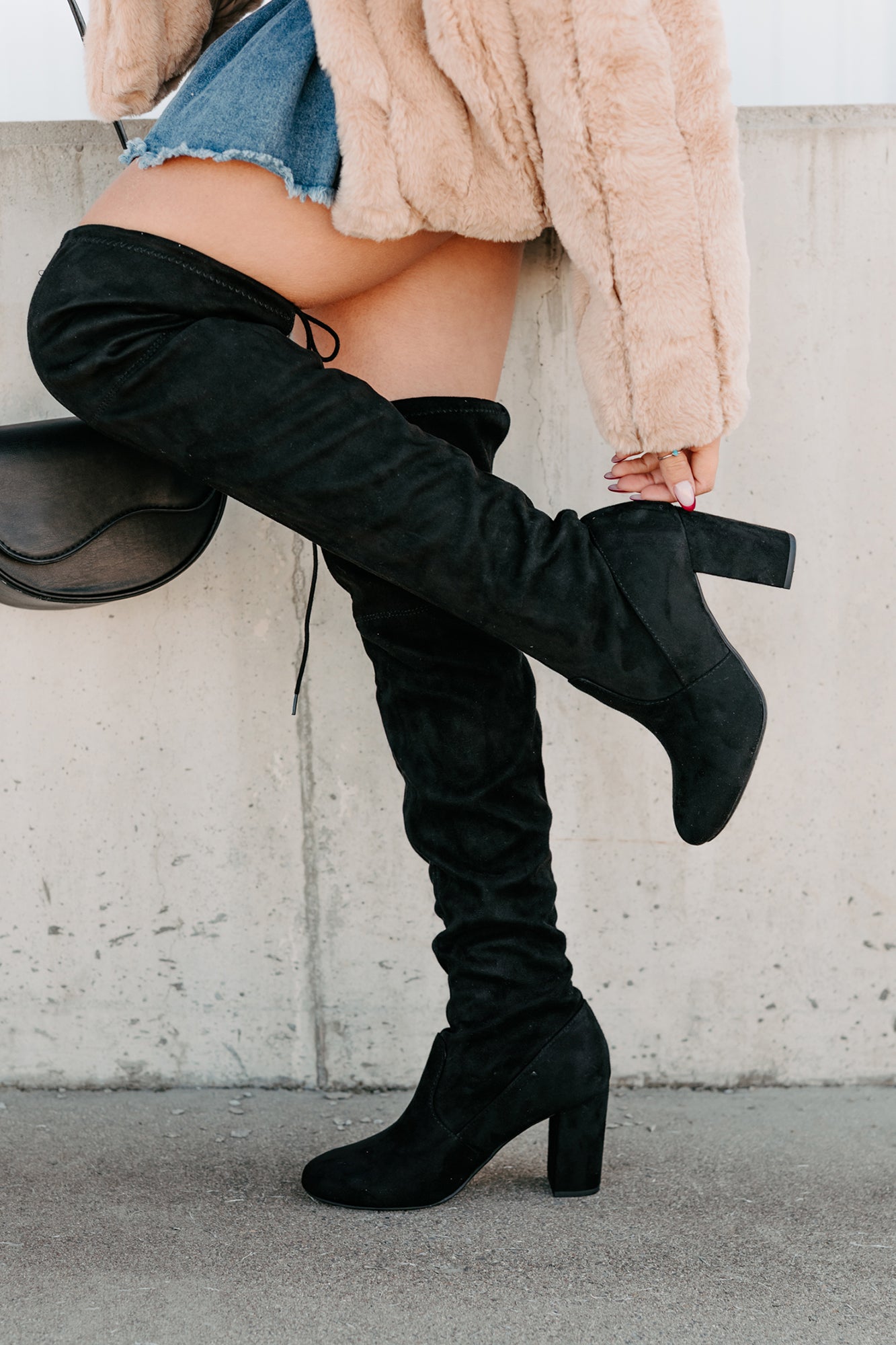 Bold Horizon Thigh High Faux Suede Boots (Black)-The Formal Wear