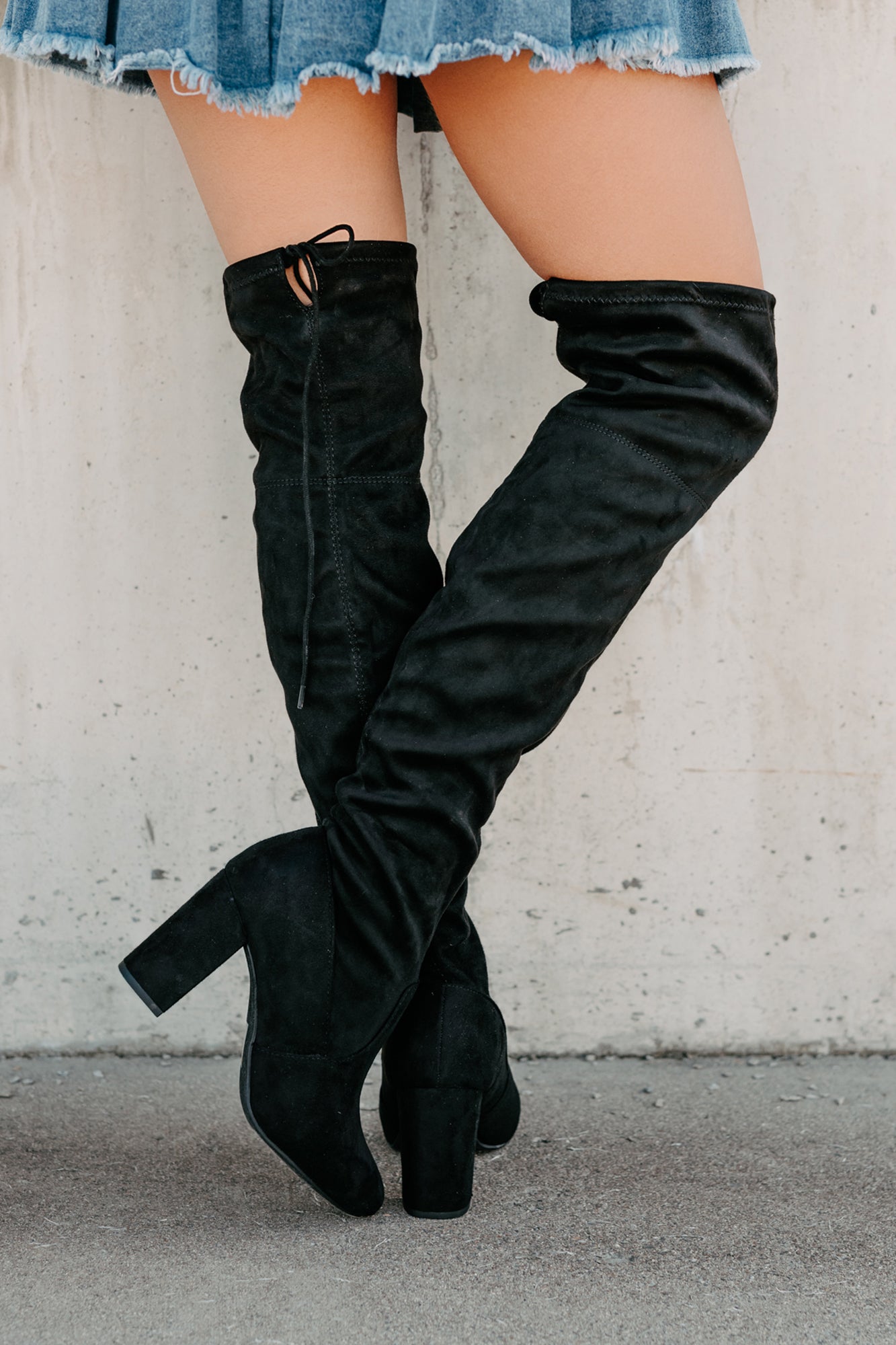 Bold Horizon Thigh High Faux Suede Boots (Black)-The Formal Wear