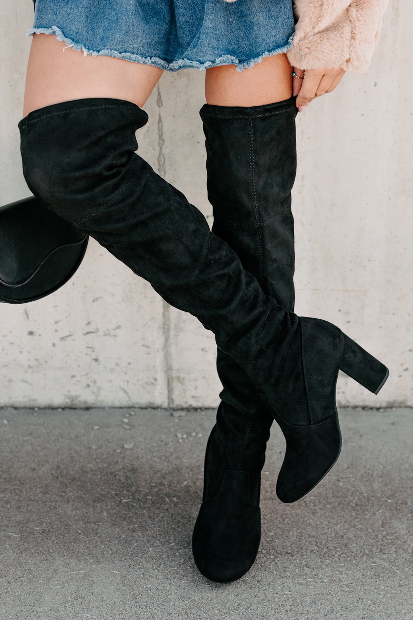 Bold Horizon Thigh High Faux Suede Boots (Black)-The Formal Wear