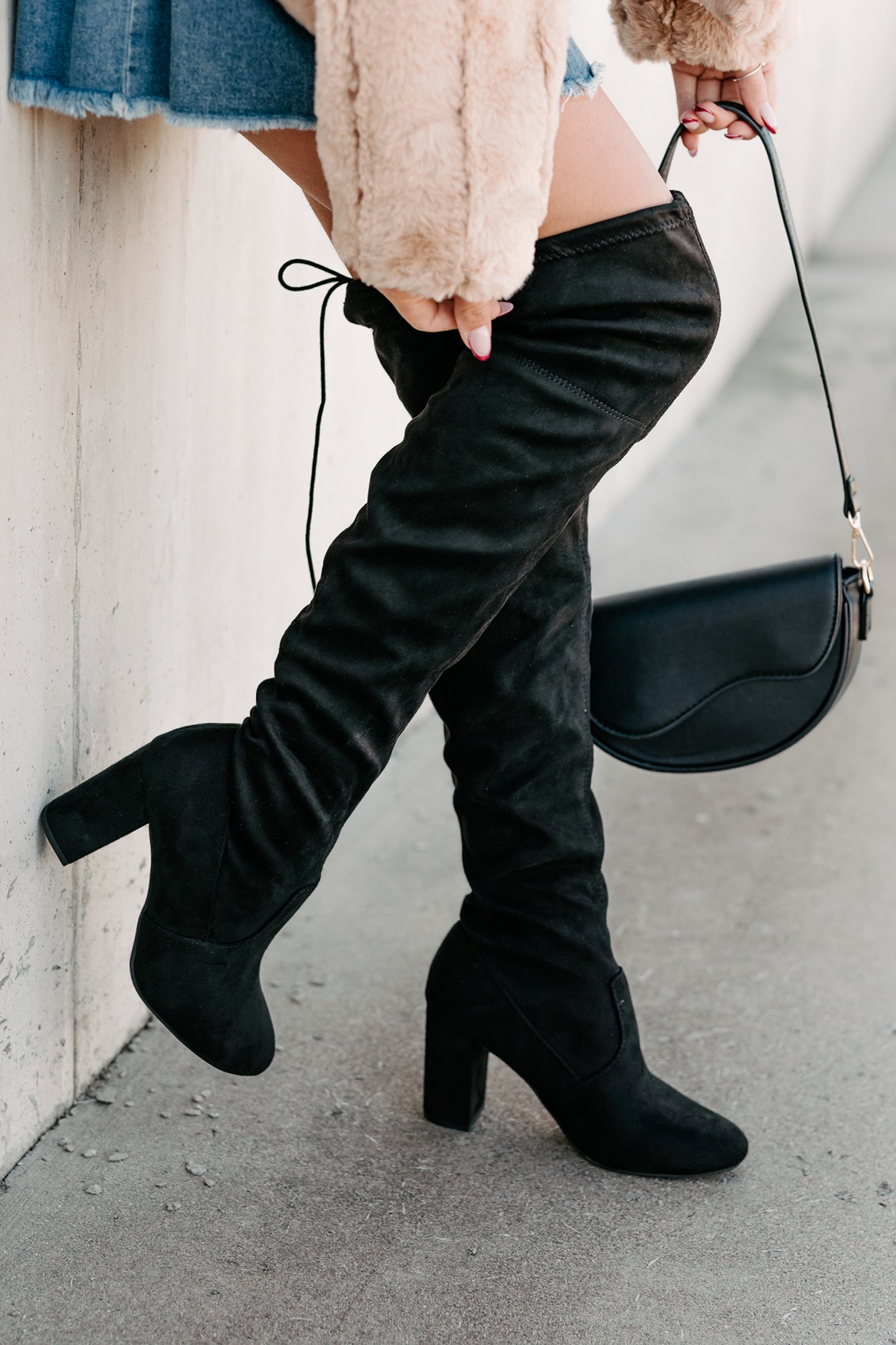 Bold Horizon Thigh High Faux Suede Boots (Black)-The Formal Wear