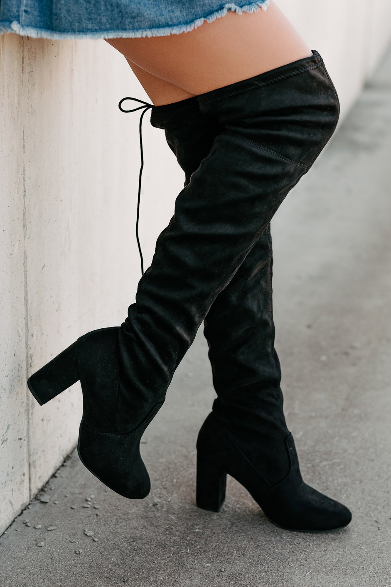 Bold Horizon Thigh High Faux Suede Boots (Black)-The Formal Wear