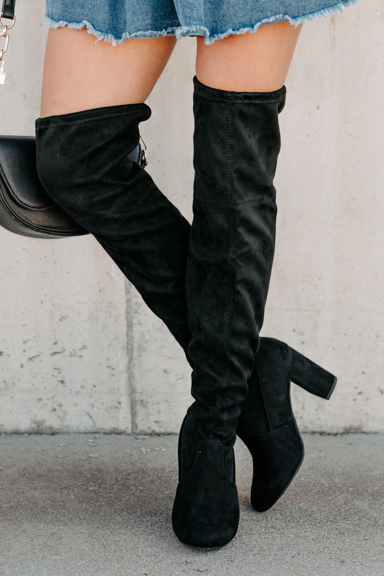 Bold Horizon Thigh High Faux Suede Boots (Black)-The Formal Wear