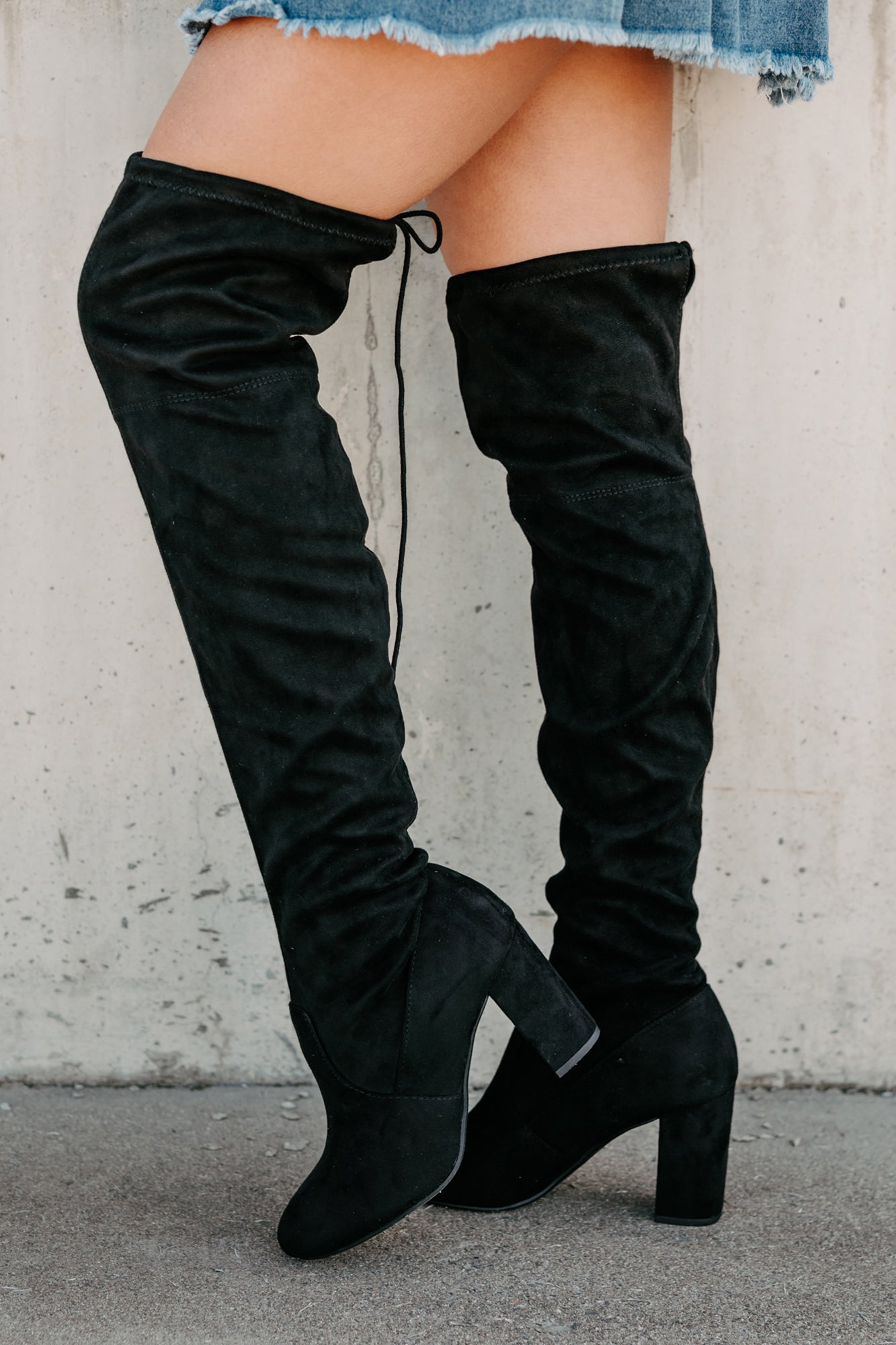 Bold Horizon Thigh High Faux Suede Boots (Black)-The Formal Wear