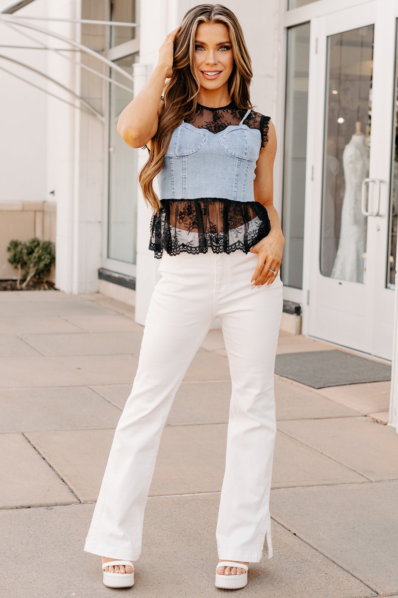 Bold & Flirty Corset Overlay Lace Top (Denim/Black)-The Formal Wear