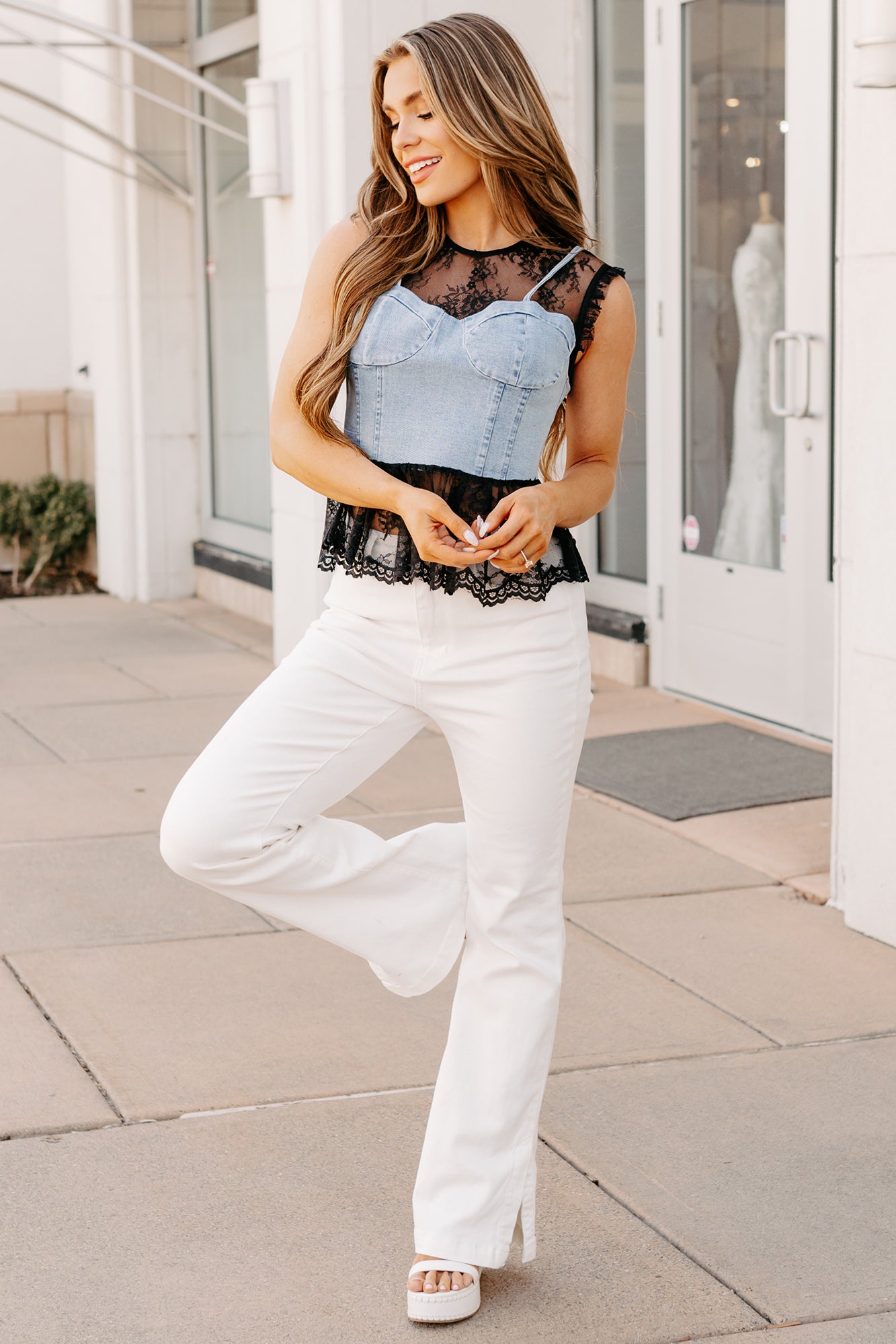 Bold & Flirty Corset Overlay Lace Top (Denim/Black)-The Formal Wear