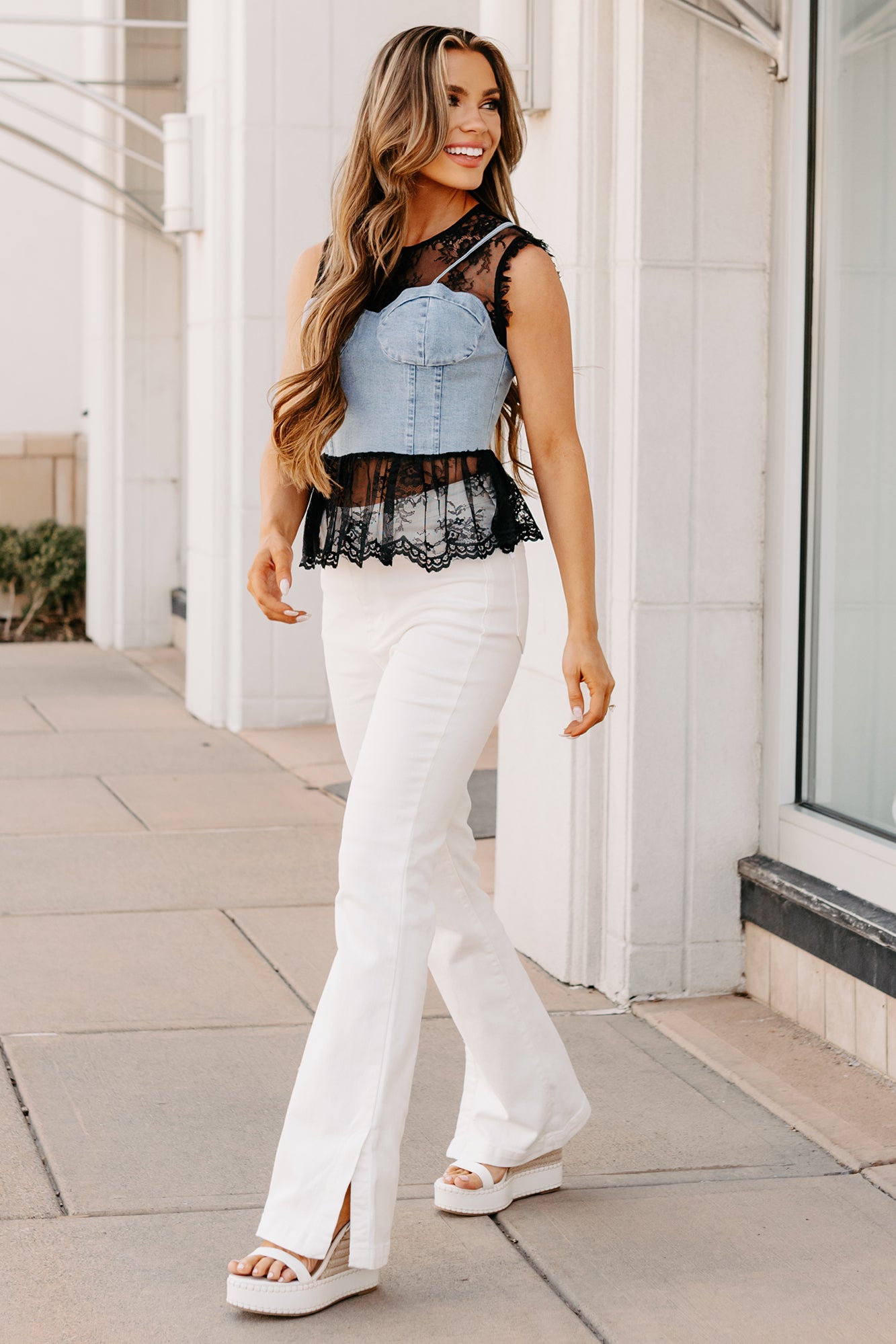 Bold & Flirty Corset Overlay Lace Top (Denim/Black)-The Formal Wear