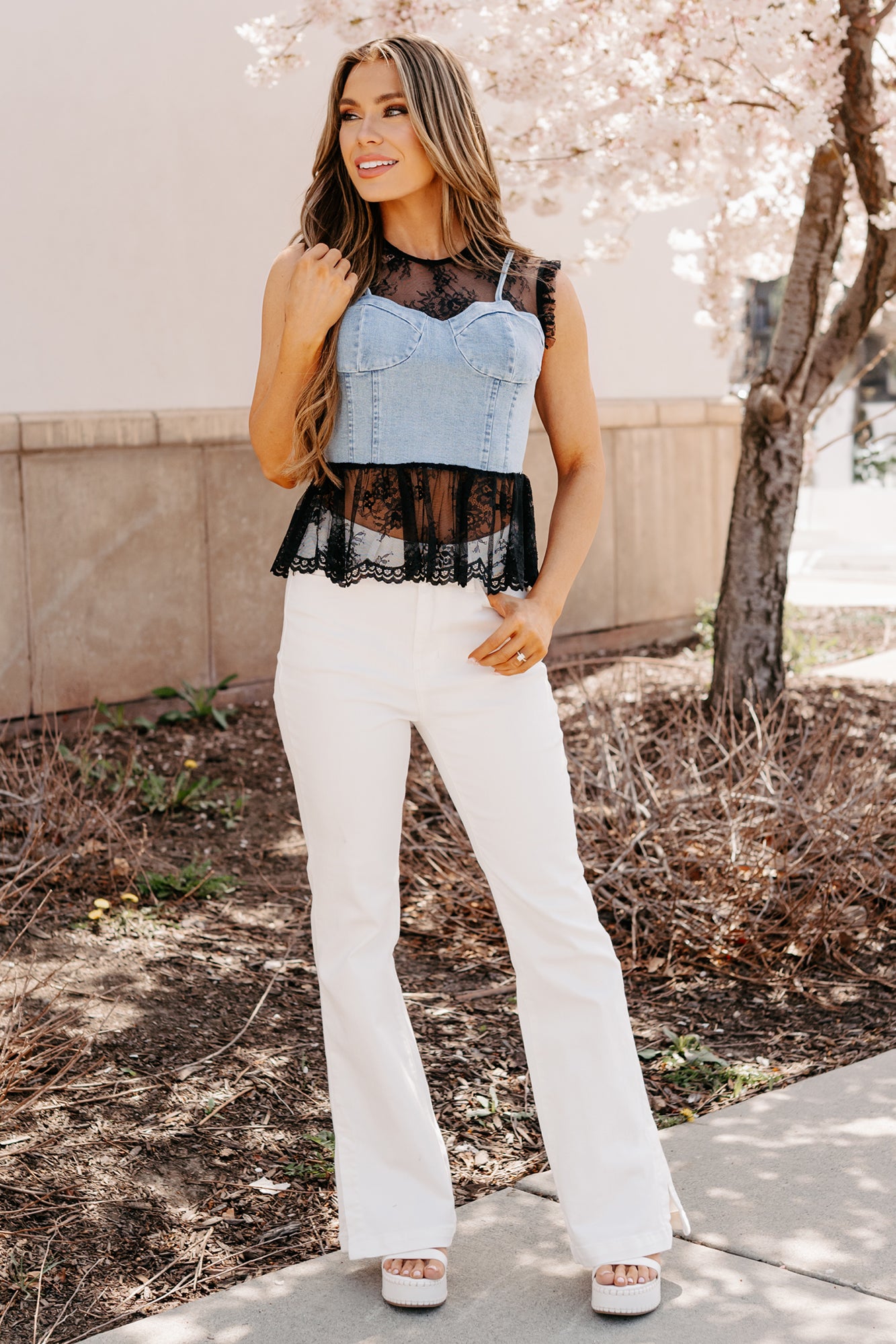 Bold & Flirty Corset Overlay Lace Top (Denim/Black)-The Formal Wear