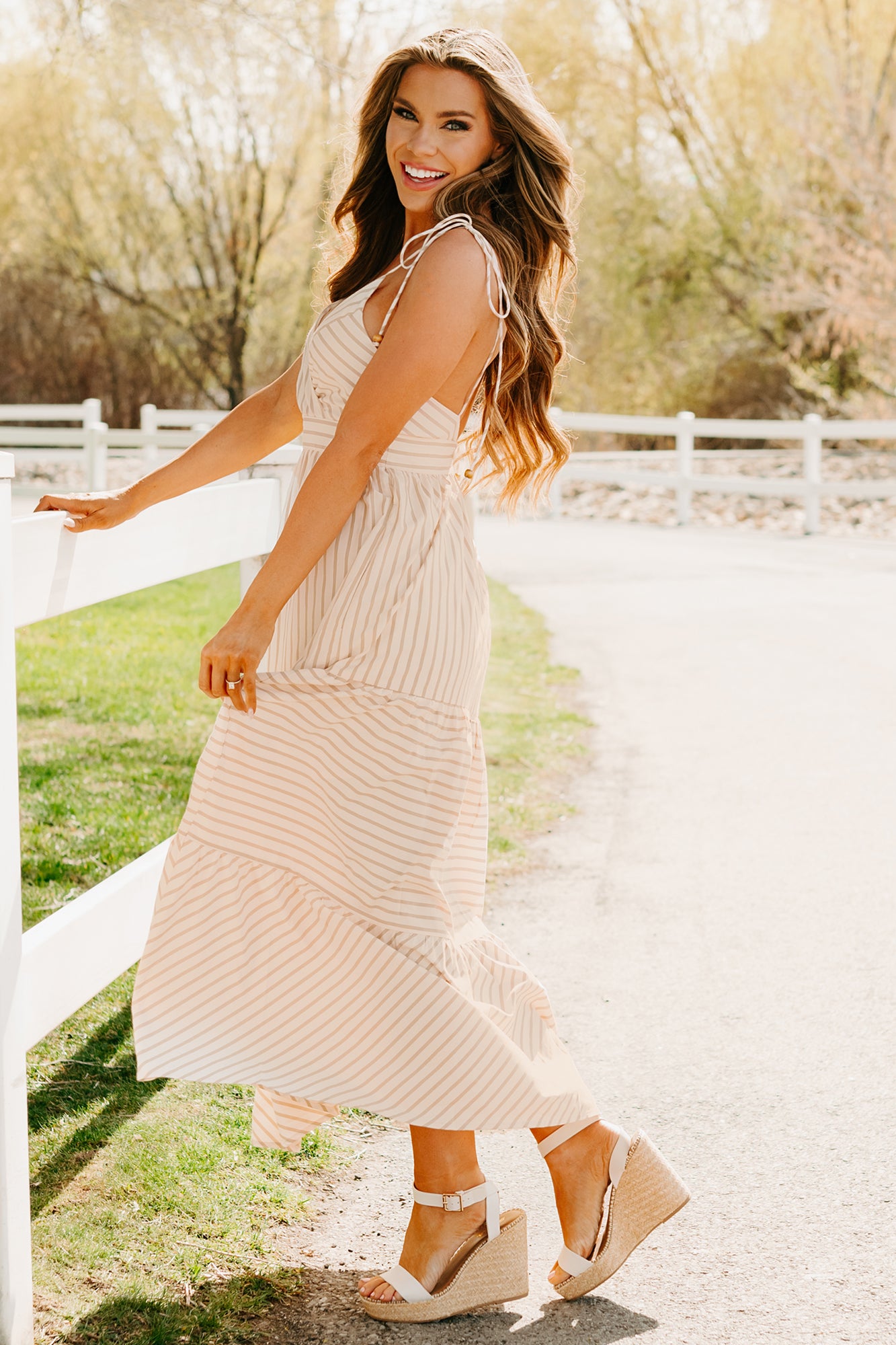 Dancing On Stars Striped Maxi Dress (Taupe)-The Formal Wear