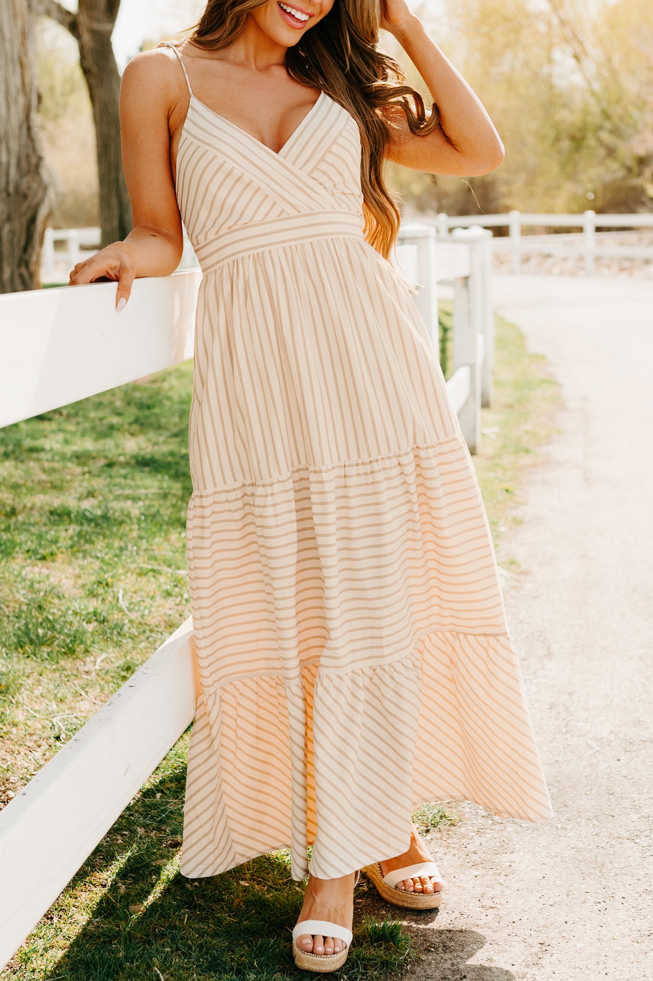 Dancing On Stars Striped Maxi Dress (Taupe)-The Formal Wear