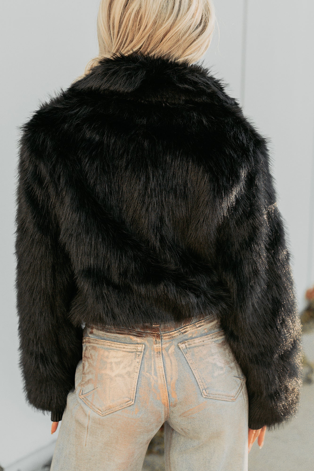 No Comparisons Faux Fur Plush Zip-Up Jacket (Black)-The Formal Wear