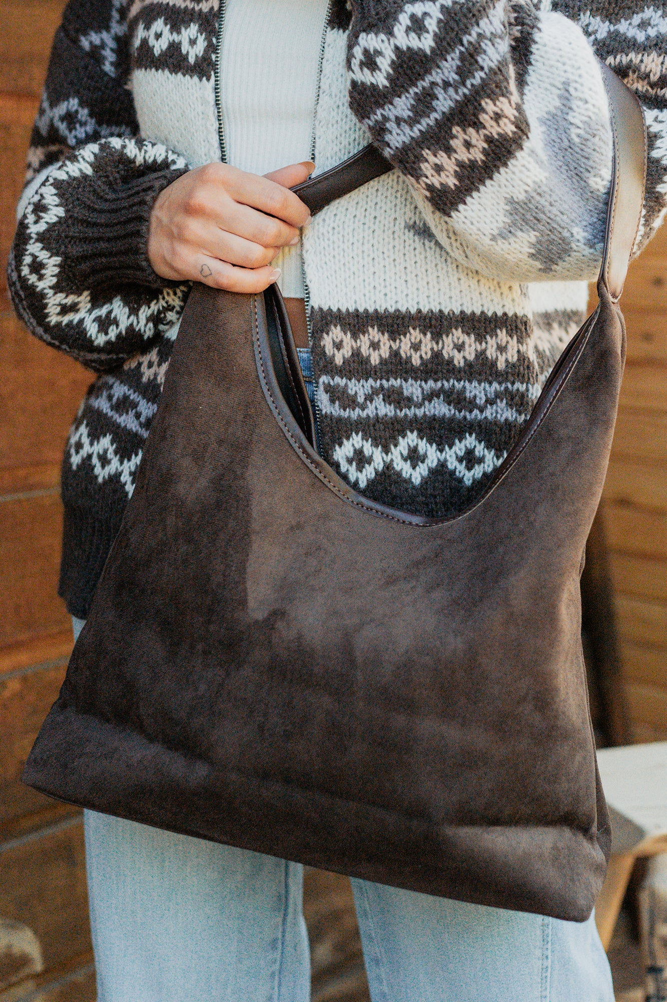 Plain Spoken Faux Suede Leather Trim Bag (Dark Brown)-The Formal Wear