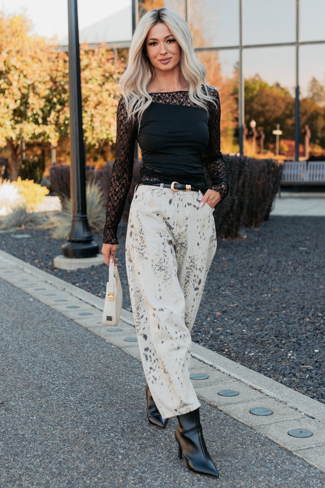 Zane High Rise Printed Barrel Kancan Jeans (Beige/Black)-The Formal Wear