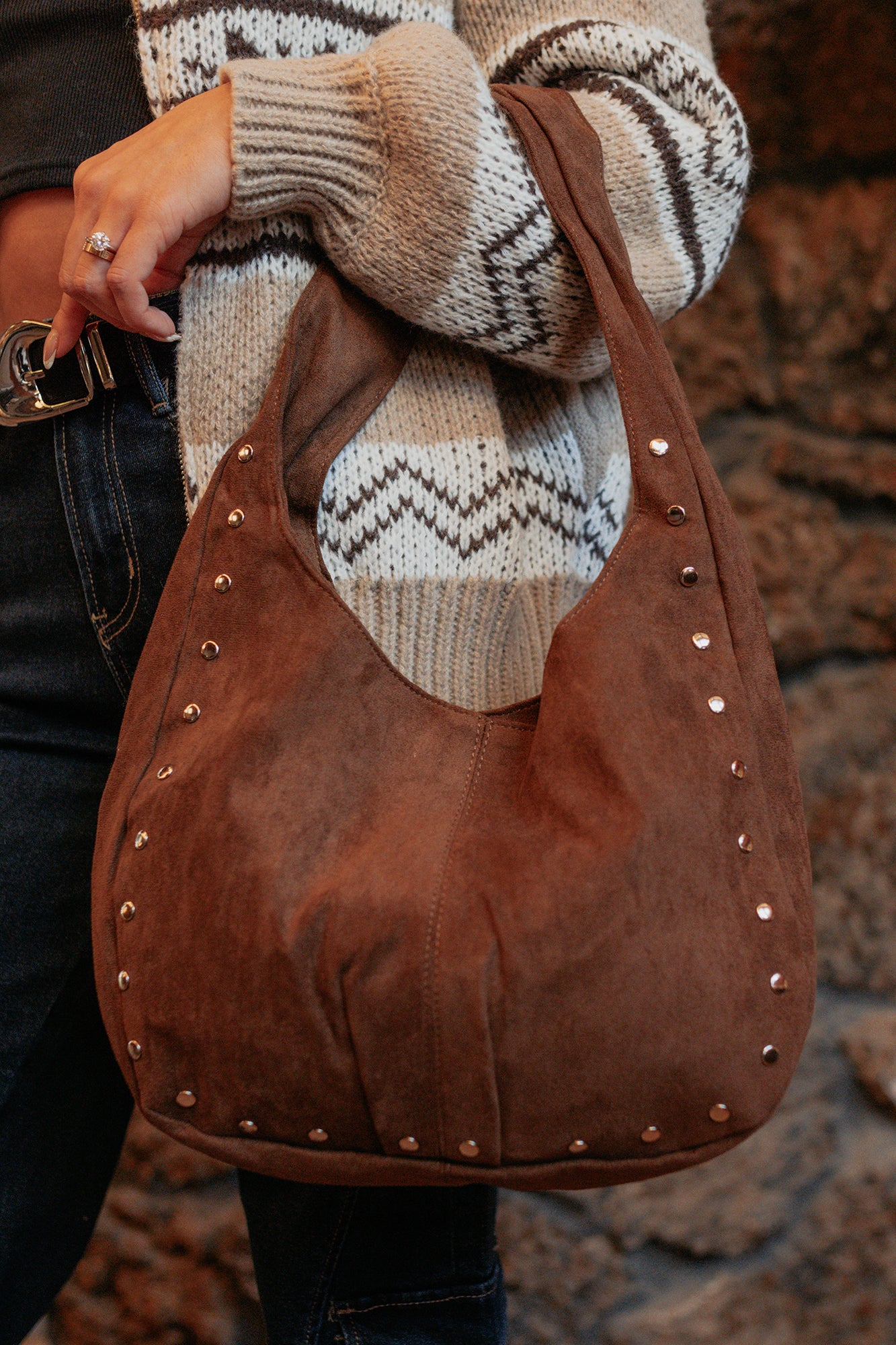 Chic Instinct Faux Suede Studded Handbag (Dark Brown)-The Formal Wear