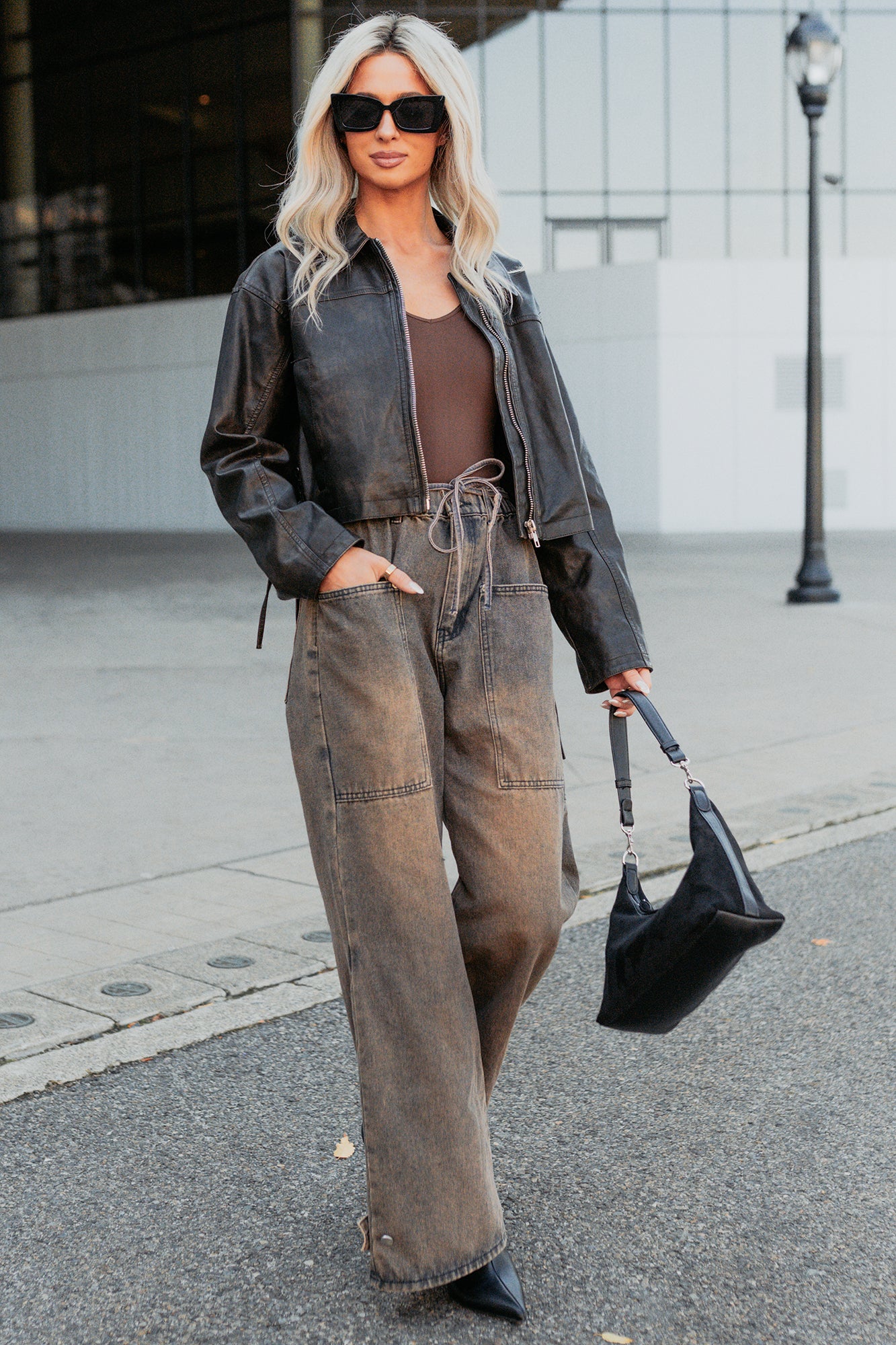 Never Tired Faux Leather Lace Side Jacket (Dark Coffee)-The Formal Wear