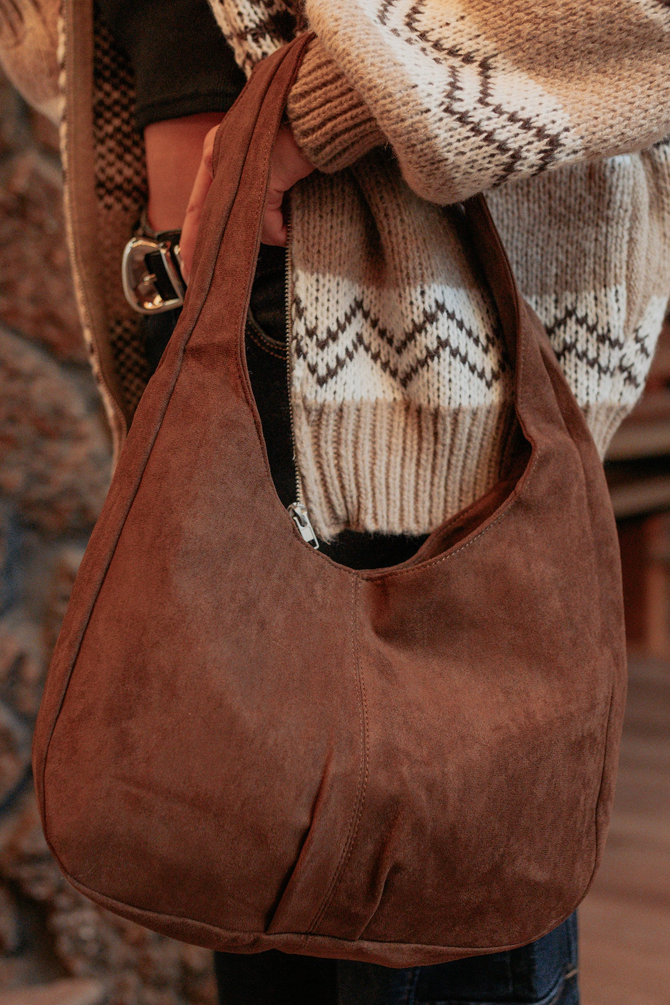 Chic Instinct Faux Suede Studded Handbag (Dark Brown)-The Formal Wear