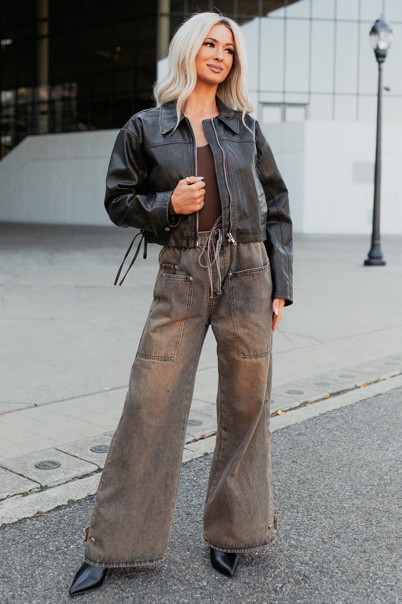 Never Tired Faux Leather Lace Side Jacket (Dark Coffee)-The Formal Wear