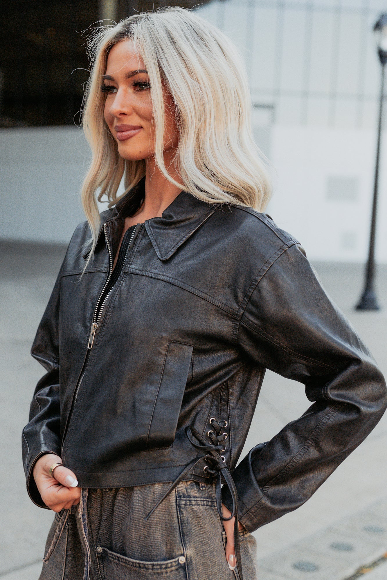 Never Tired Faux Leather Lace Side Jacket (Dark Coffee)-The Formal Wear