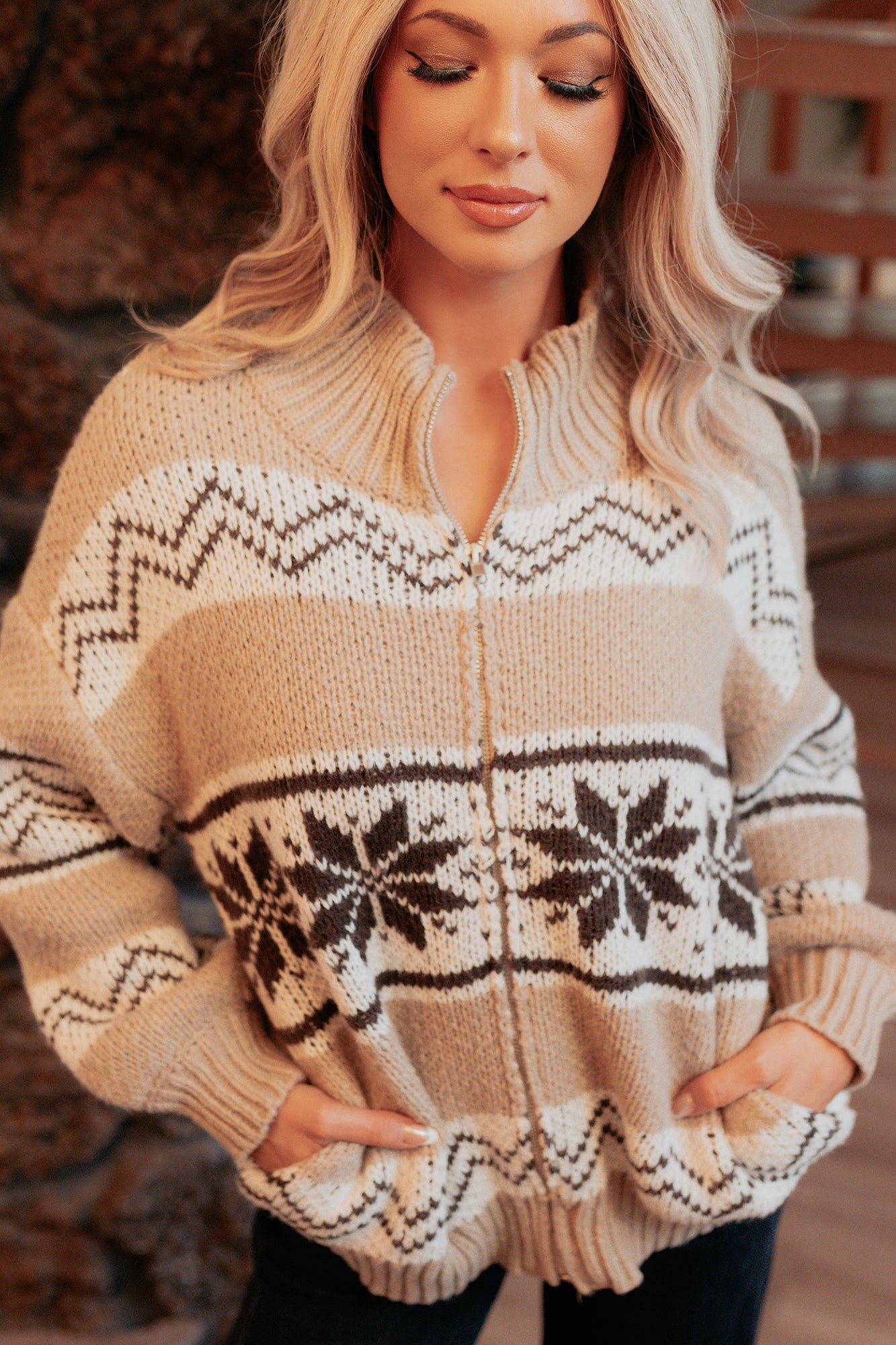 Easy Layers Cable Knit Fair Isle Jacket (Brown/White)-The Formal Wear