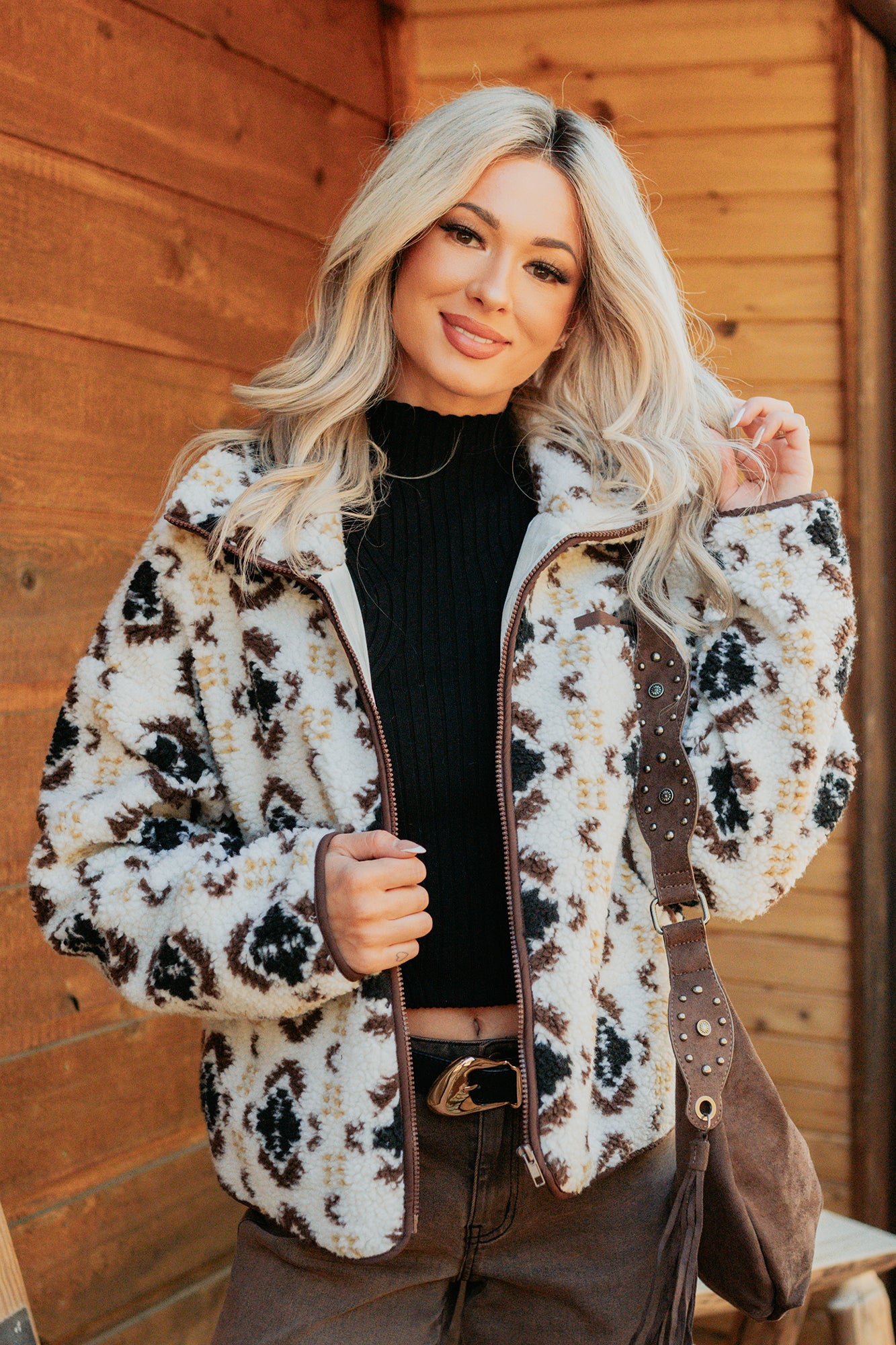 Winter Muse Geometric Print Sherpa Jacket (Cream)-The Formal Wear