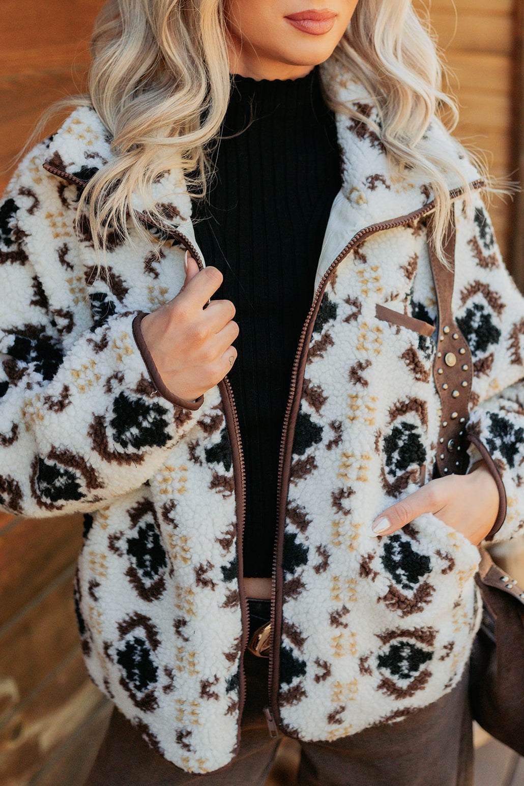 Winter Muse Geometric Print Sherpa Jacket (Cream)-The Formal Wear