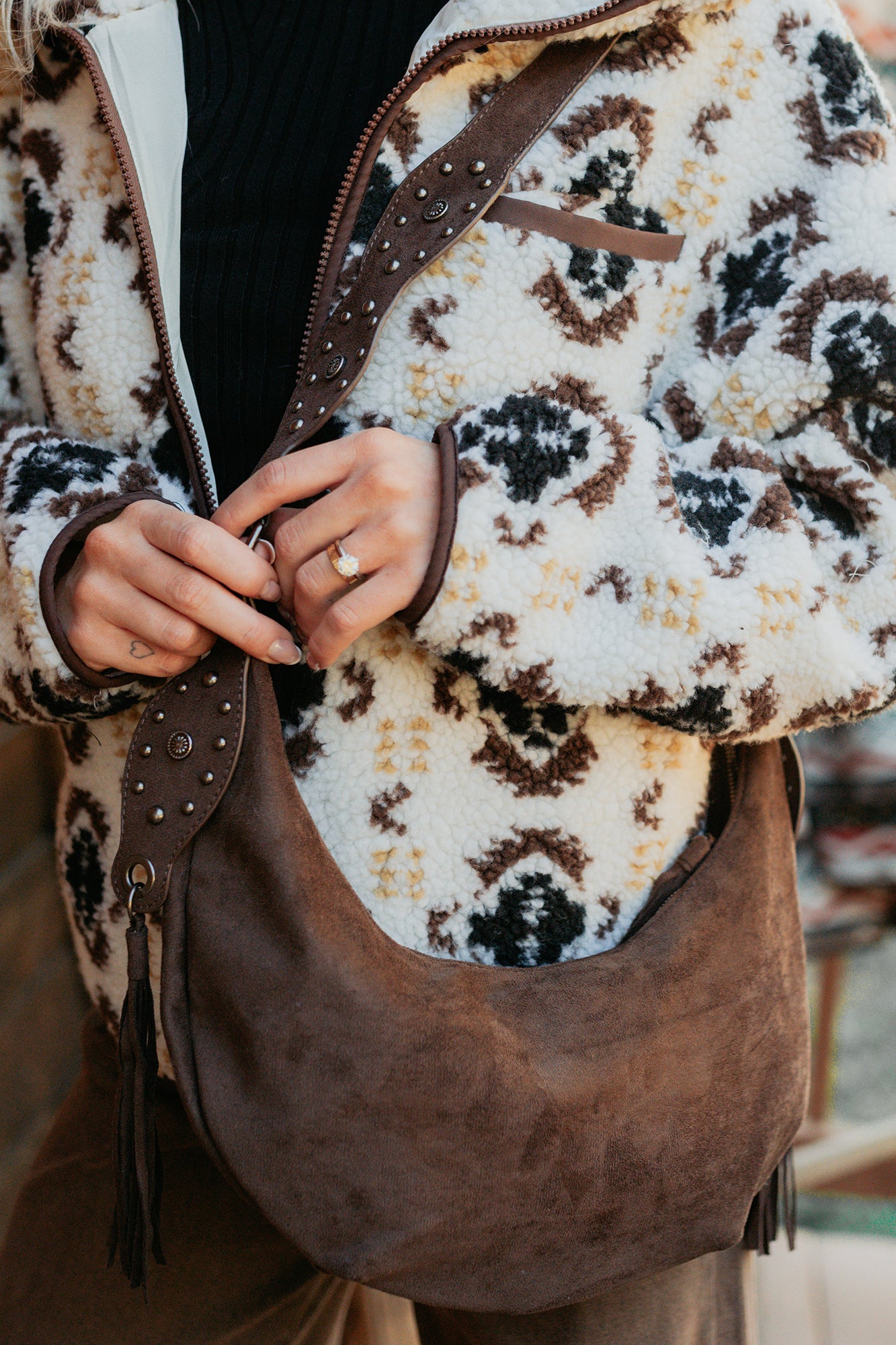 Fierce Glow Faux Suede Buckle Strap Tassel Bag (Dark Brown)-The Formal Wear