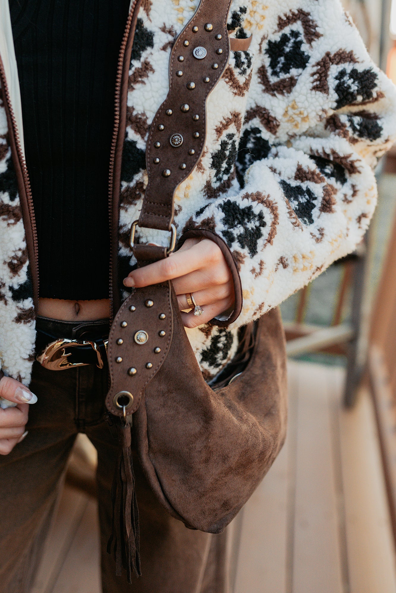 Fierce Glow Faux Suede Buckle Strap Tassel Bag (Dark Brown)-The Formal Wear