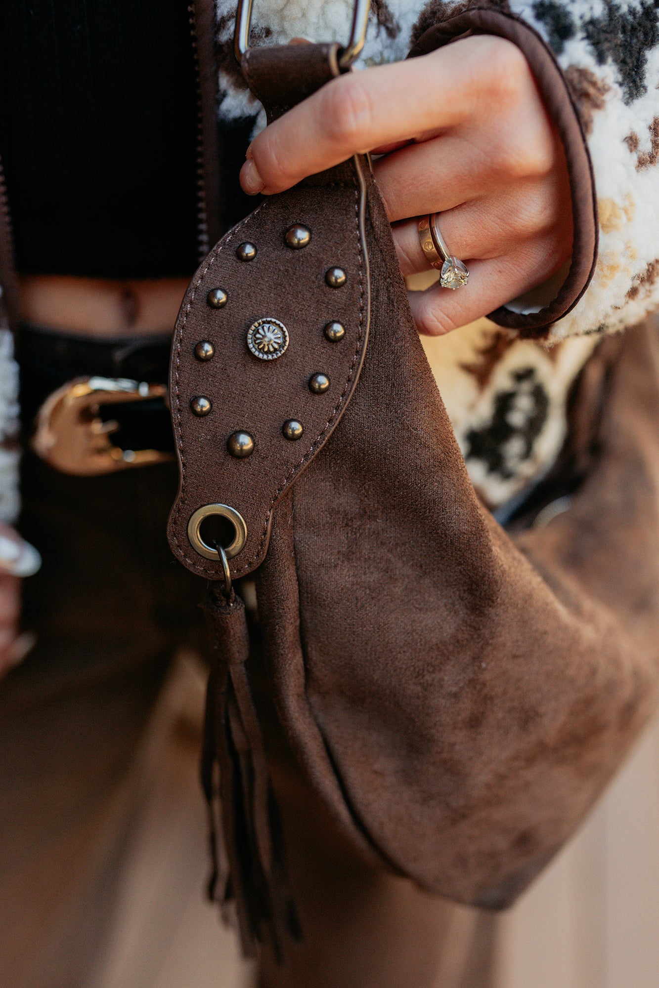 Fierce Glow Faux Suede Buckle Strap Tassel Bag (Dark Brown)-The Formal Wear